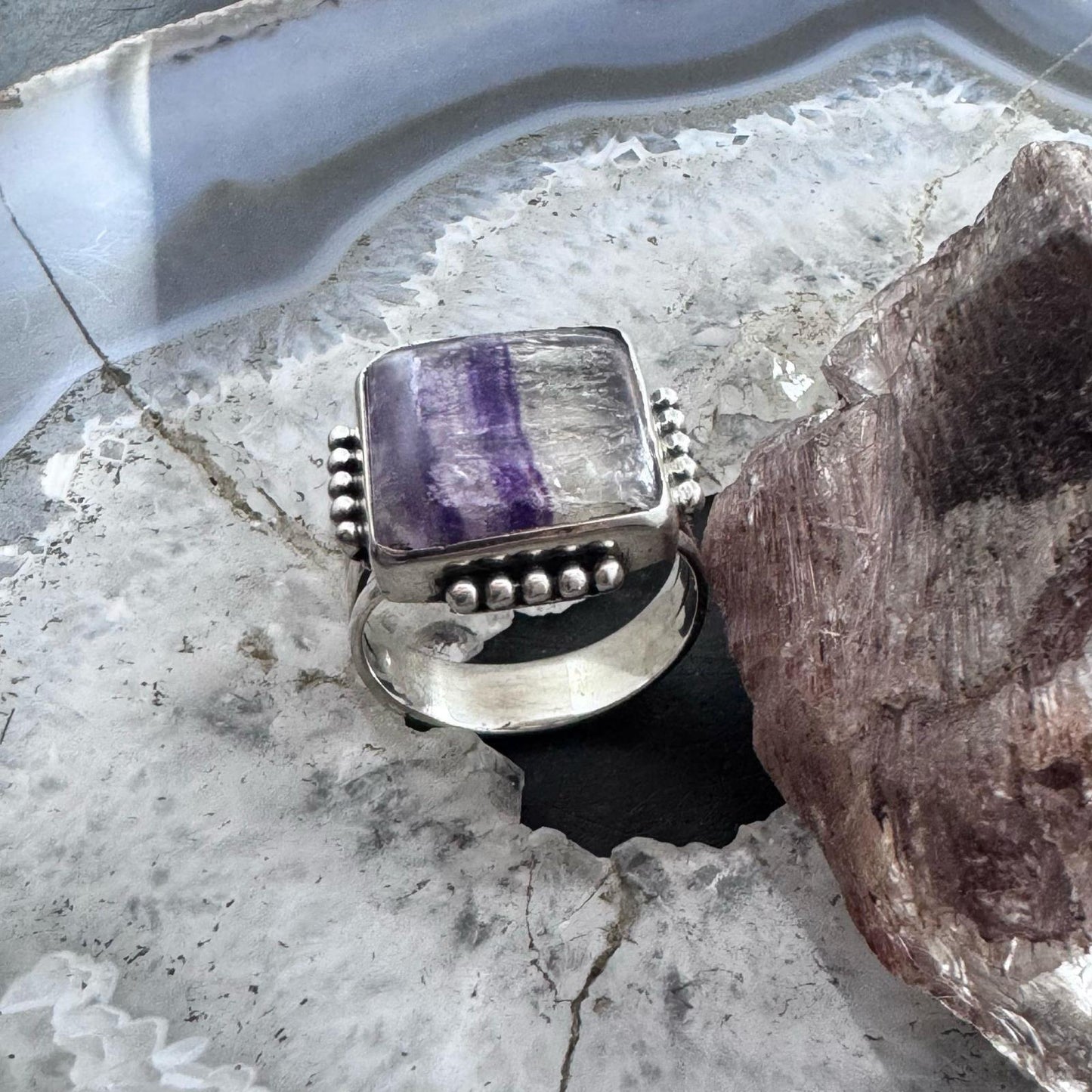 Sterling Silver Southwestern Style Square Flourite Ring Size 9.5 For Women
