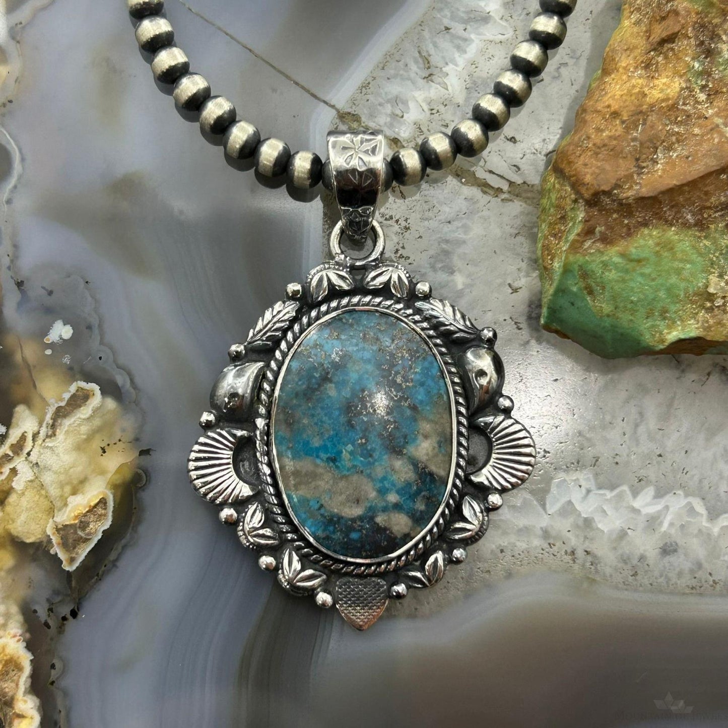 Sterling Silver Southwestern Style Oval Turquoise Decorated Pendant For Women #5