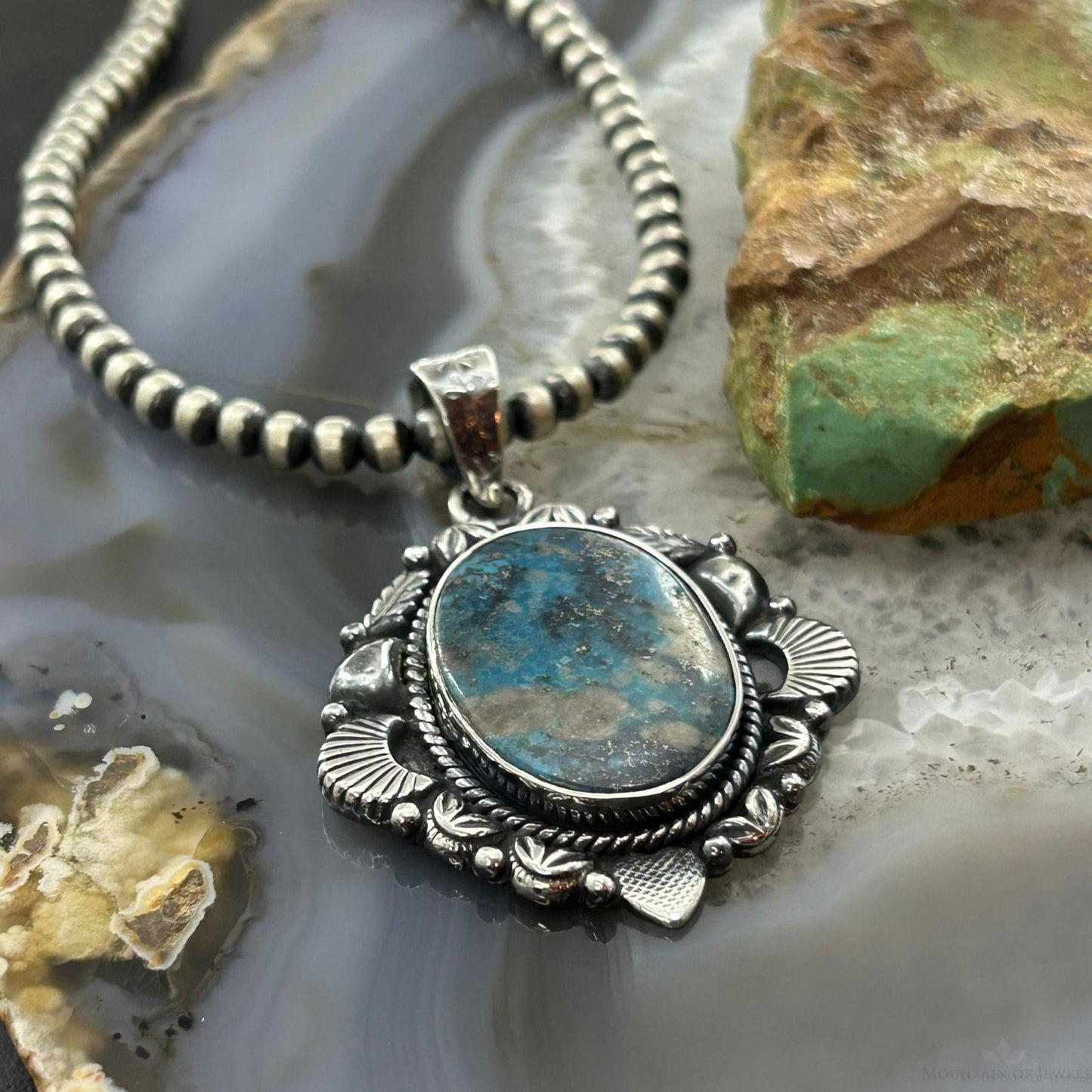 Sterling Silver Southwestern Style Oval Turquoise Decorated Pendant For Women #5