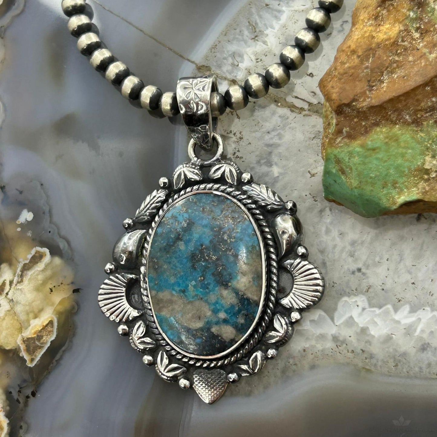 Sterling Silver Southwestern Style Oval Turquoise Decorated Pendant For Women #5