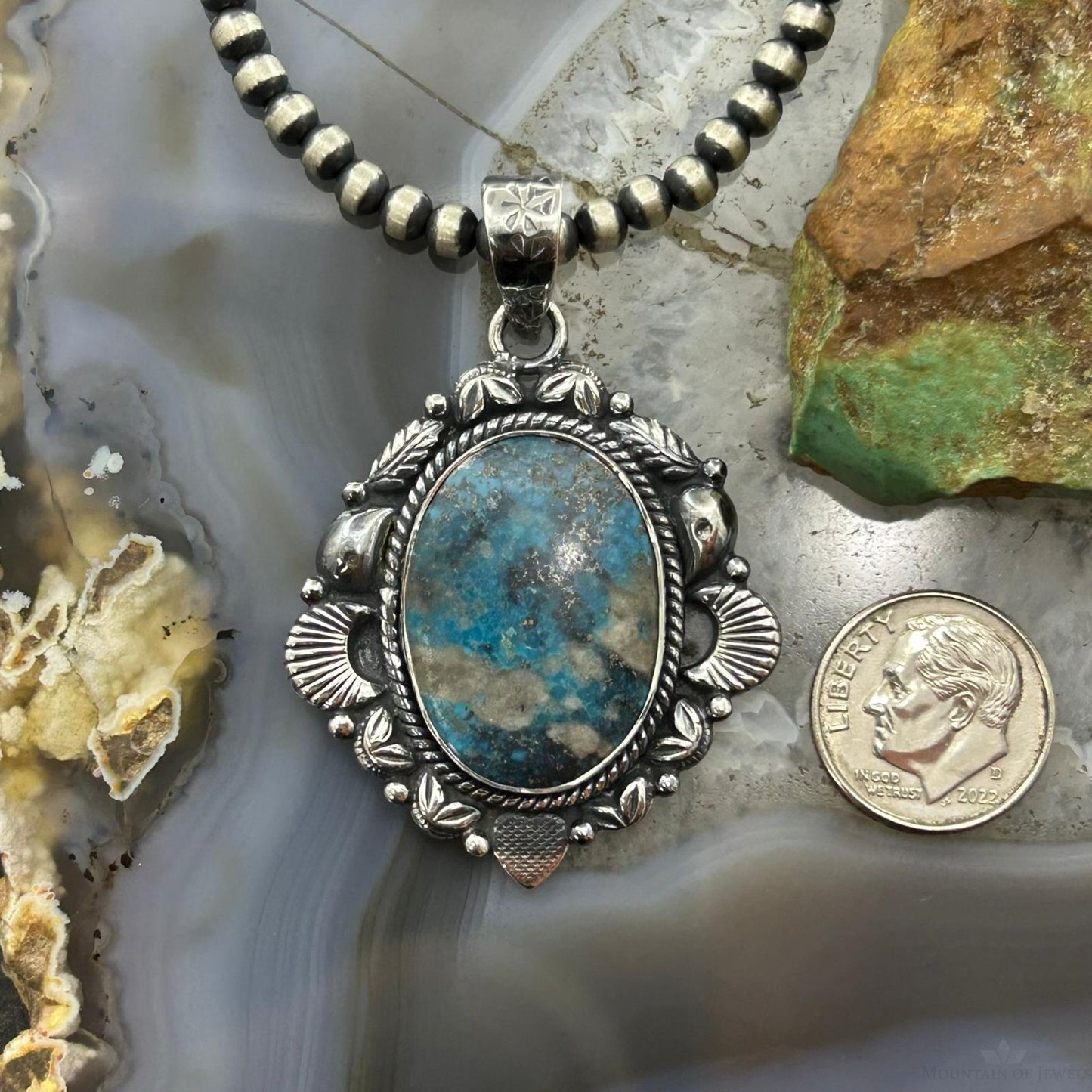 Sterling Silver Southwestern Style Oval Turquoise Decorated Pendant For Women #5