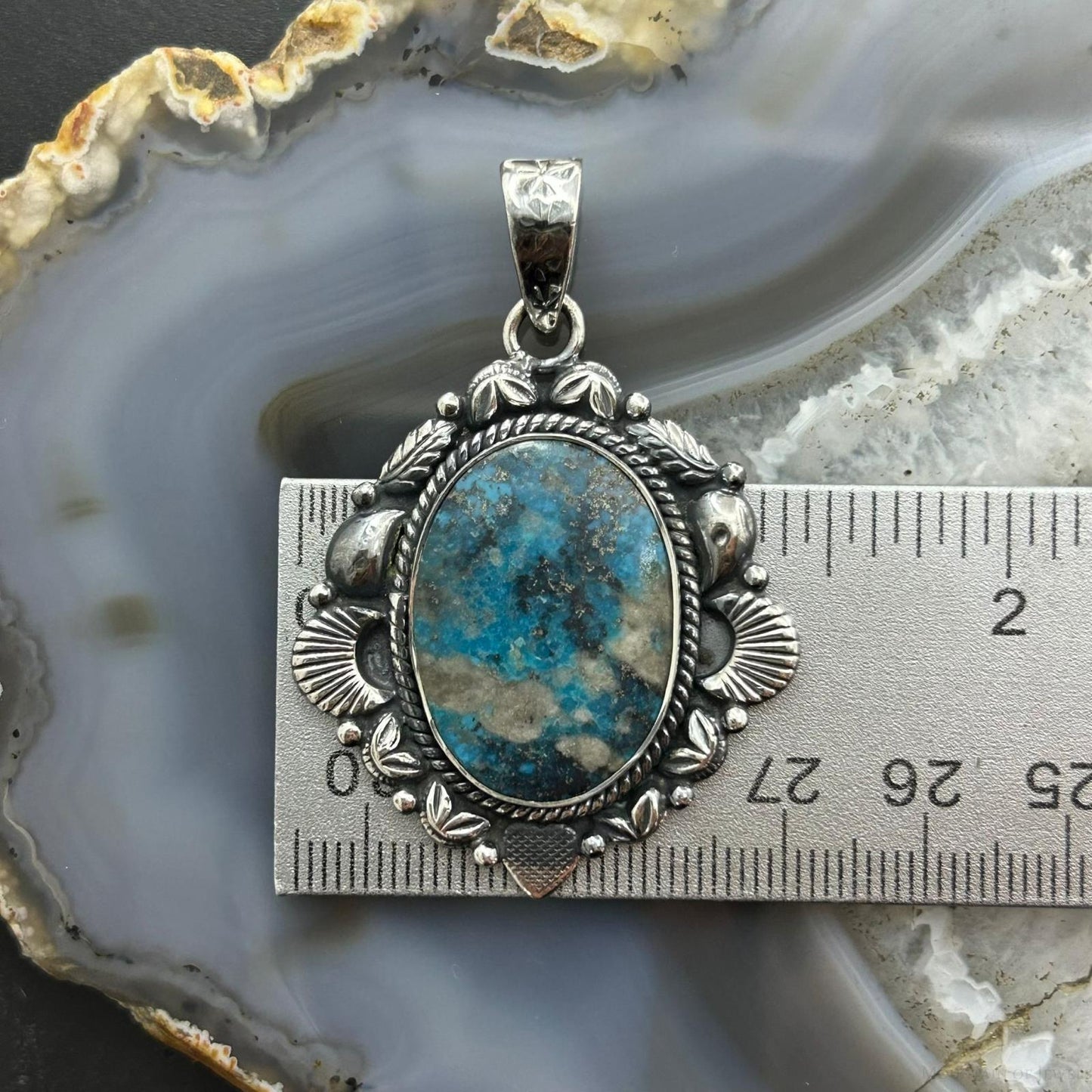Sterling Silver Southwestern Style Oval Turquoise Decorated Pendant For Women #5