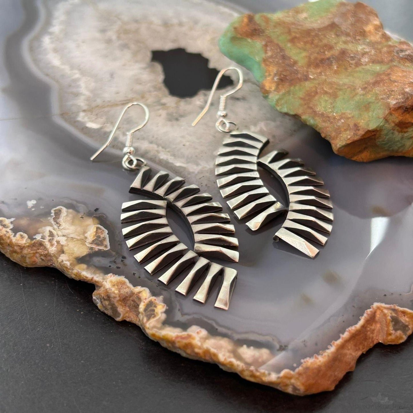 Leander Tahe Native American Sterling Silver 3D Geometric Dangle Earrings For Women