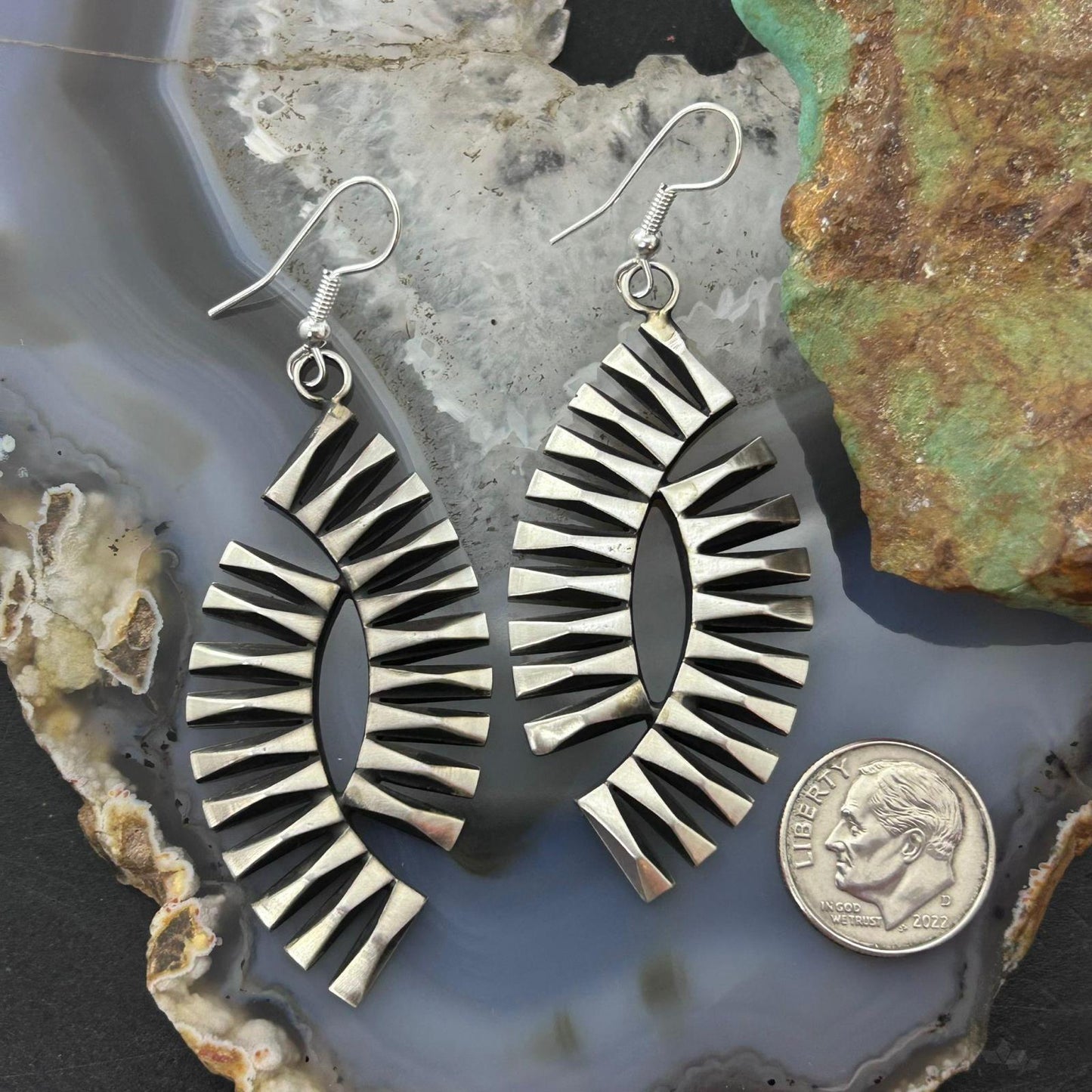 Leander Tahe Native American Sterling Silver 3D Geometric Dangle Earrings For Women