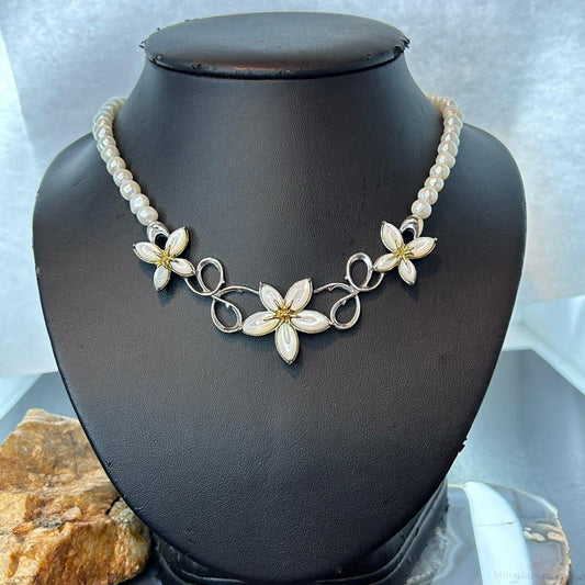 Carolyn Pollack Sterling Silver Freshwater Pearl and Floral Necklace 16"-18" For Women