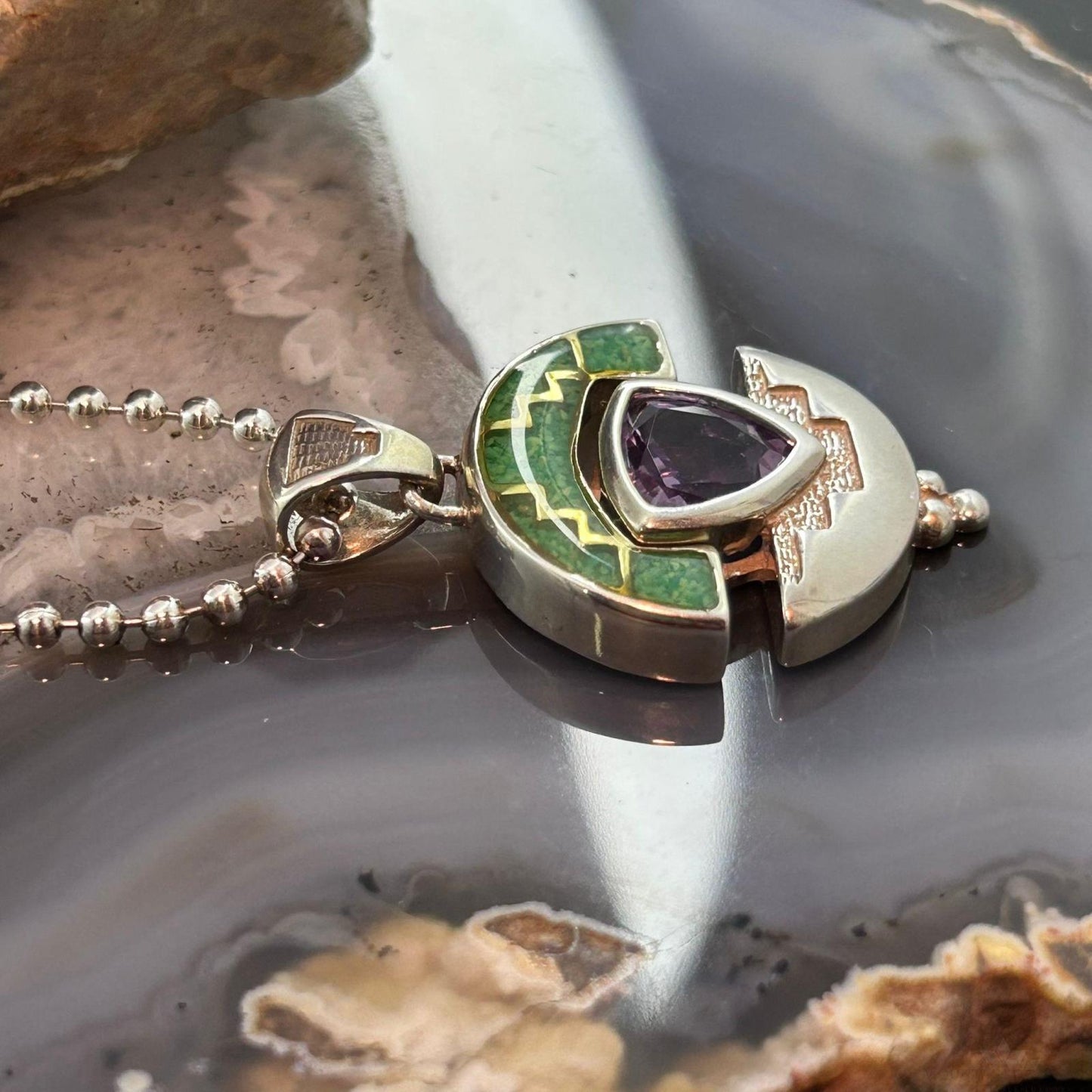 Carolyn Pollack Vintage Sterling Silver Chip Inlay Pendant on 17" Necklace For Women