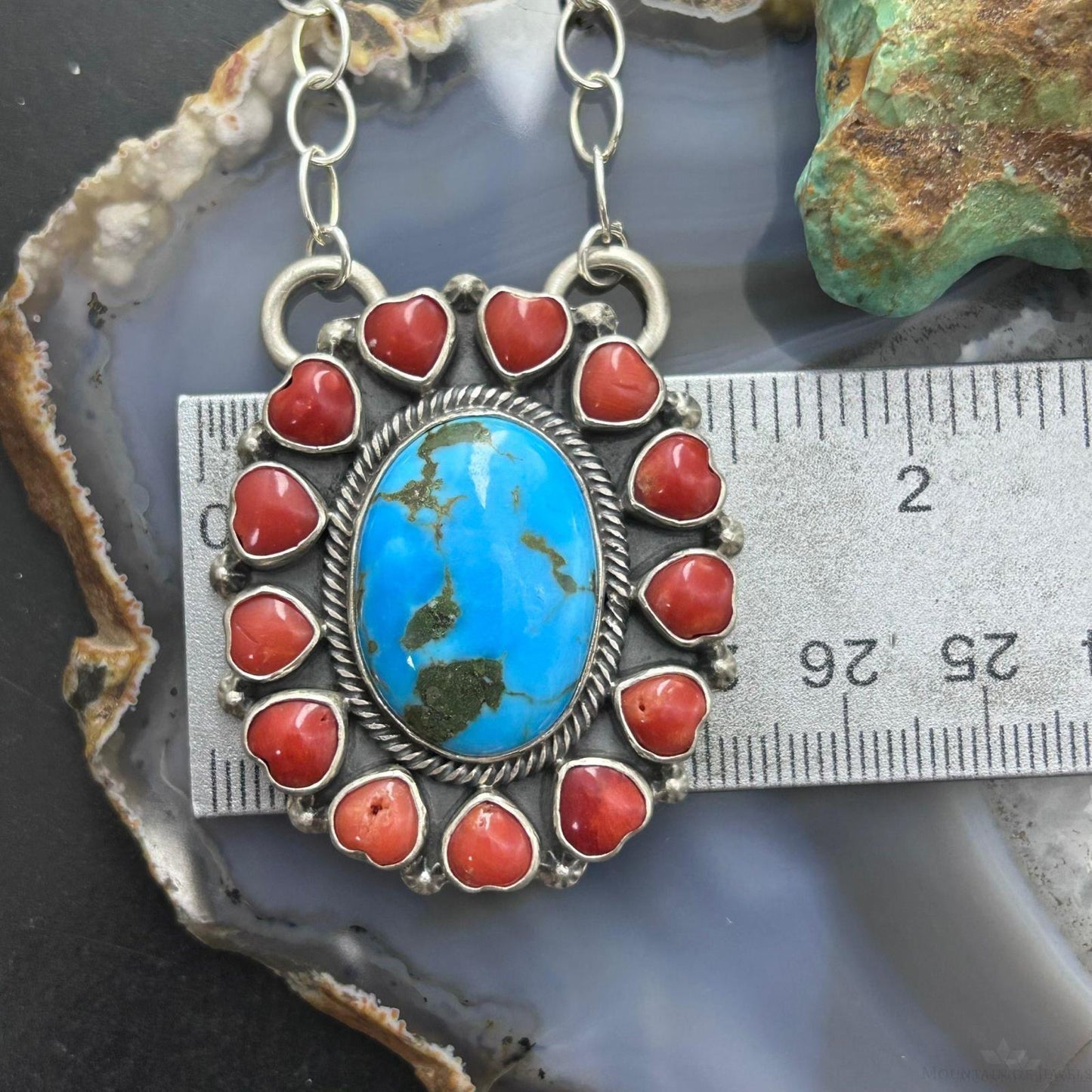 Native American Sterling Silver Oval Turquoise & Coral Heart Cluster Pendant W/Necklace For Women