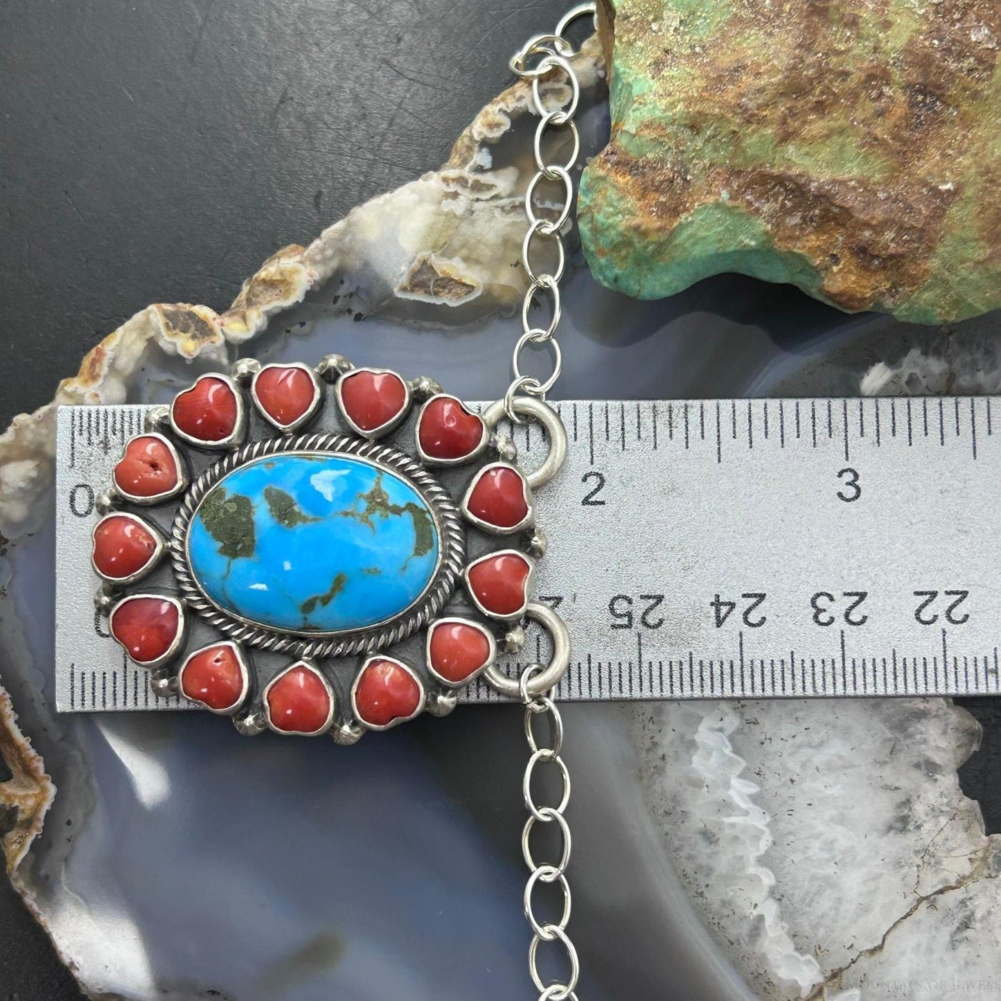 Native American Sterling Silver Oval Turquoise & Coral Heart Cluster Pendant W/Necklace For Women