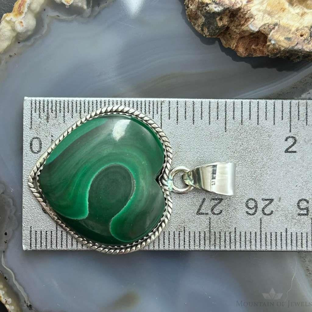 Sterling Silver Southwestern Style Malachite Heart Decorated Pendant For Women