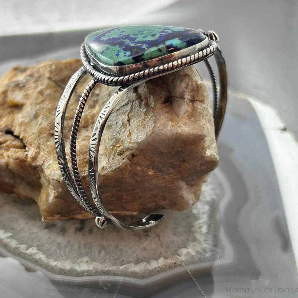 Sterling Silver Southwestern Style Large Triangle Azurite Decorated Bracelet For Women