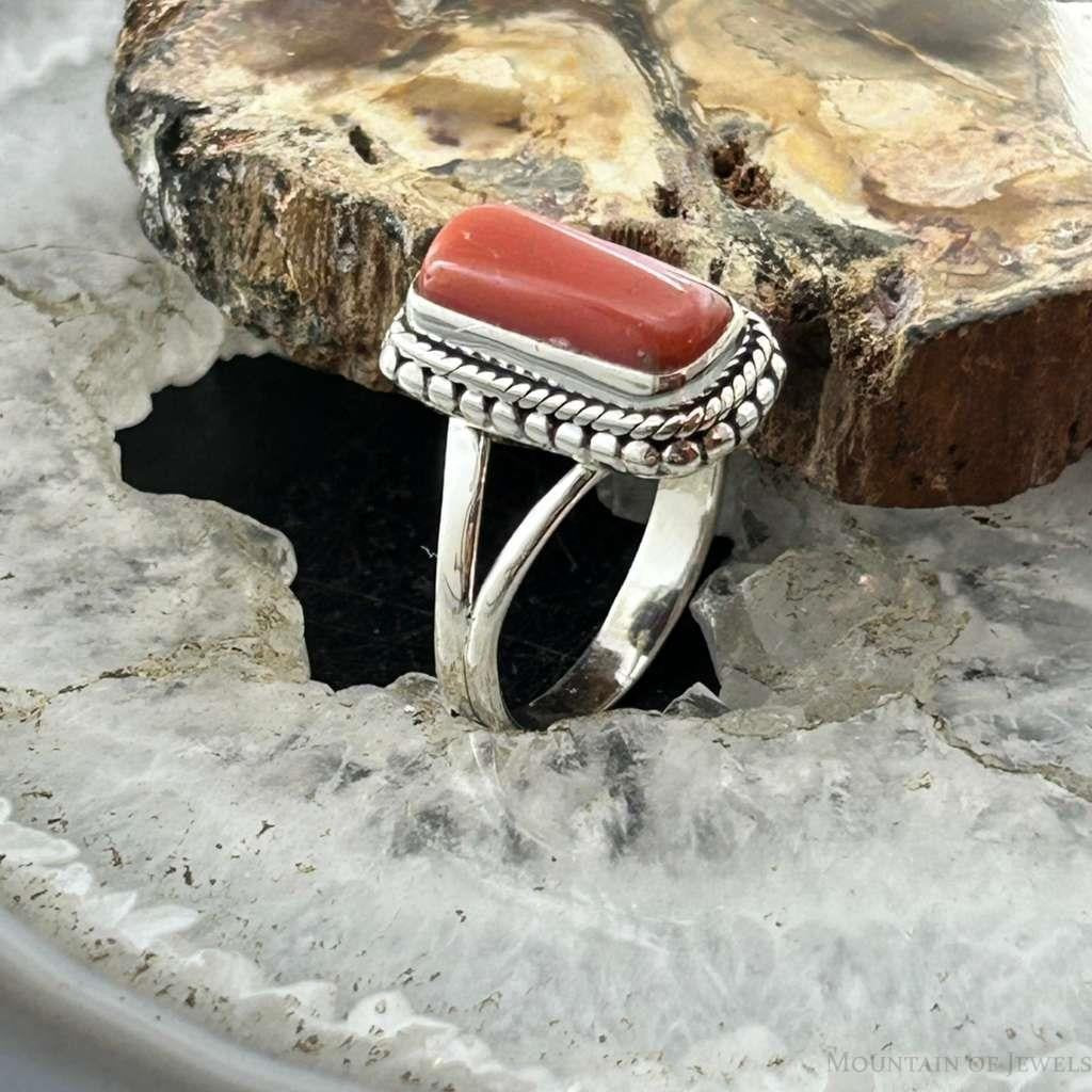 Sterling Silver Southwestern Style Coral Decorated Ring Size 7.5 For Women