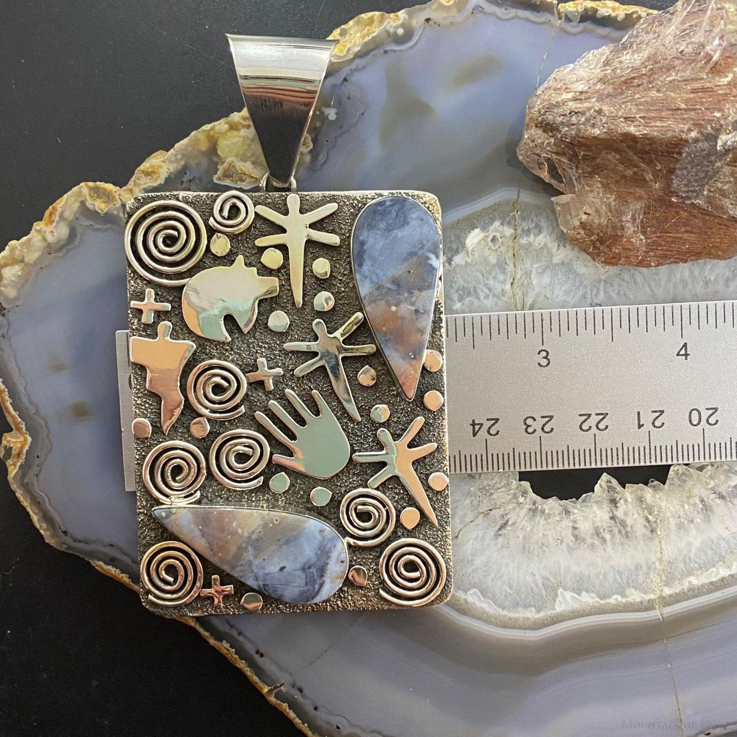 Alex Sanchez Sterling Silver Teardrop Purple Agate Rectangle Petroglyph Pendant