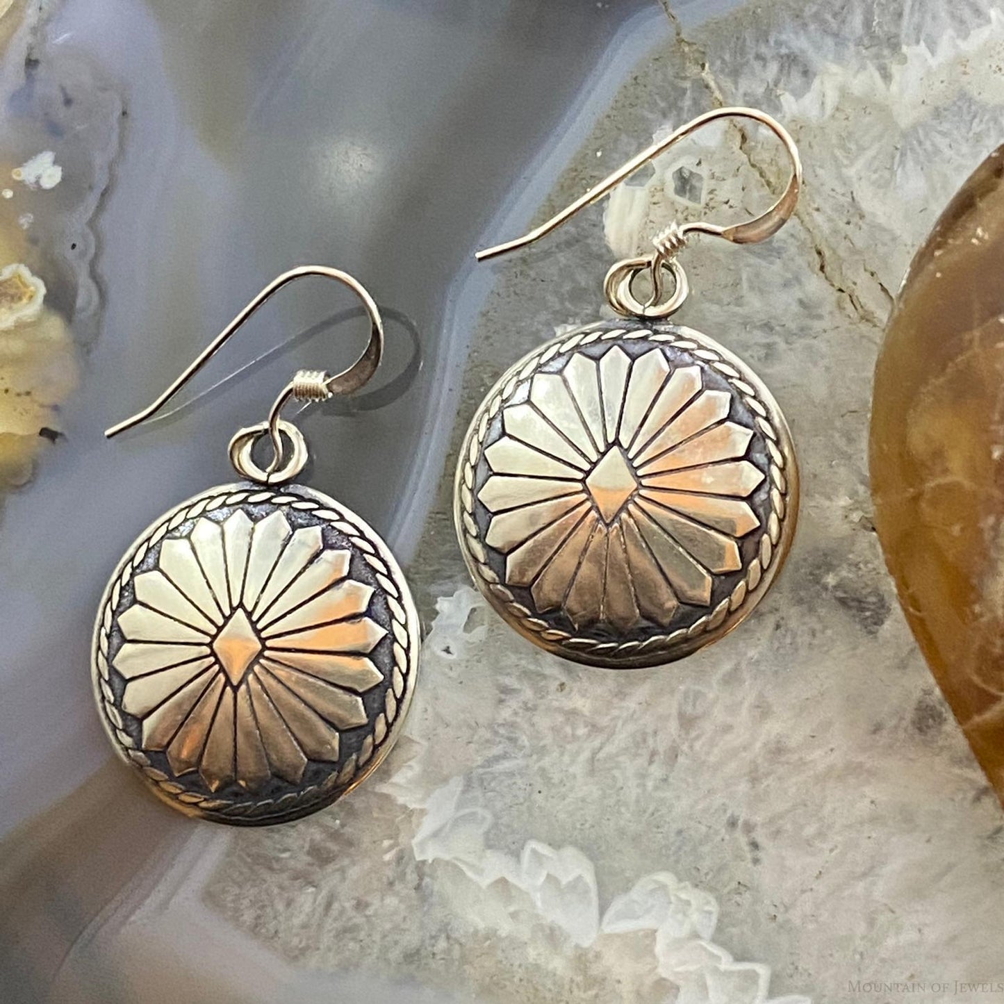 Native American Sterling Round Decorated Stamped Dangle Earrings For Women