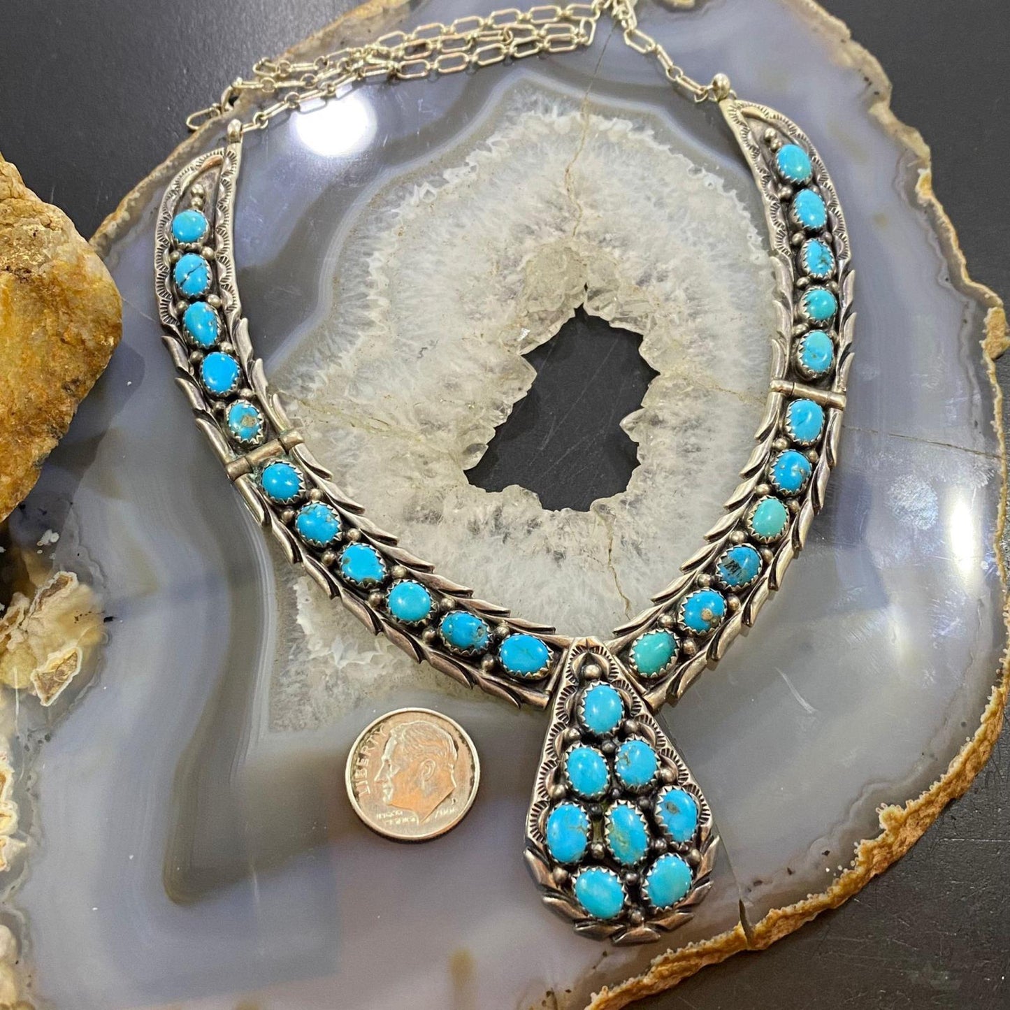 Vintage Native American Sterling Silver Turquoise Cluster Adj.18" Necklace