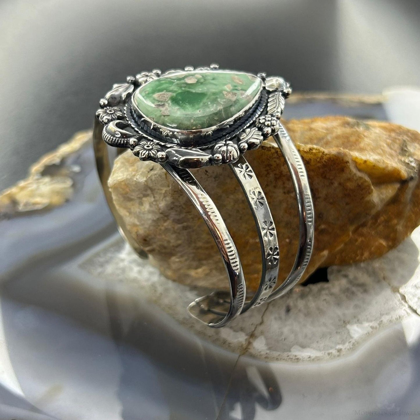 Sterling Silver Southwestern Style Large Teardrop Variscite Bracelet For Women #1