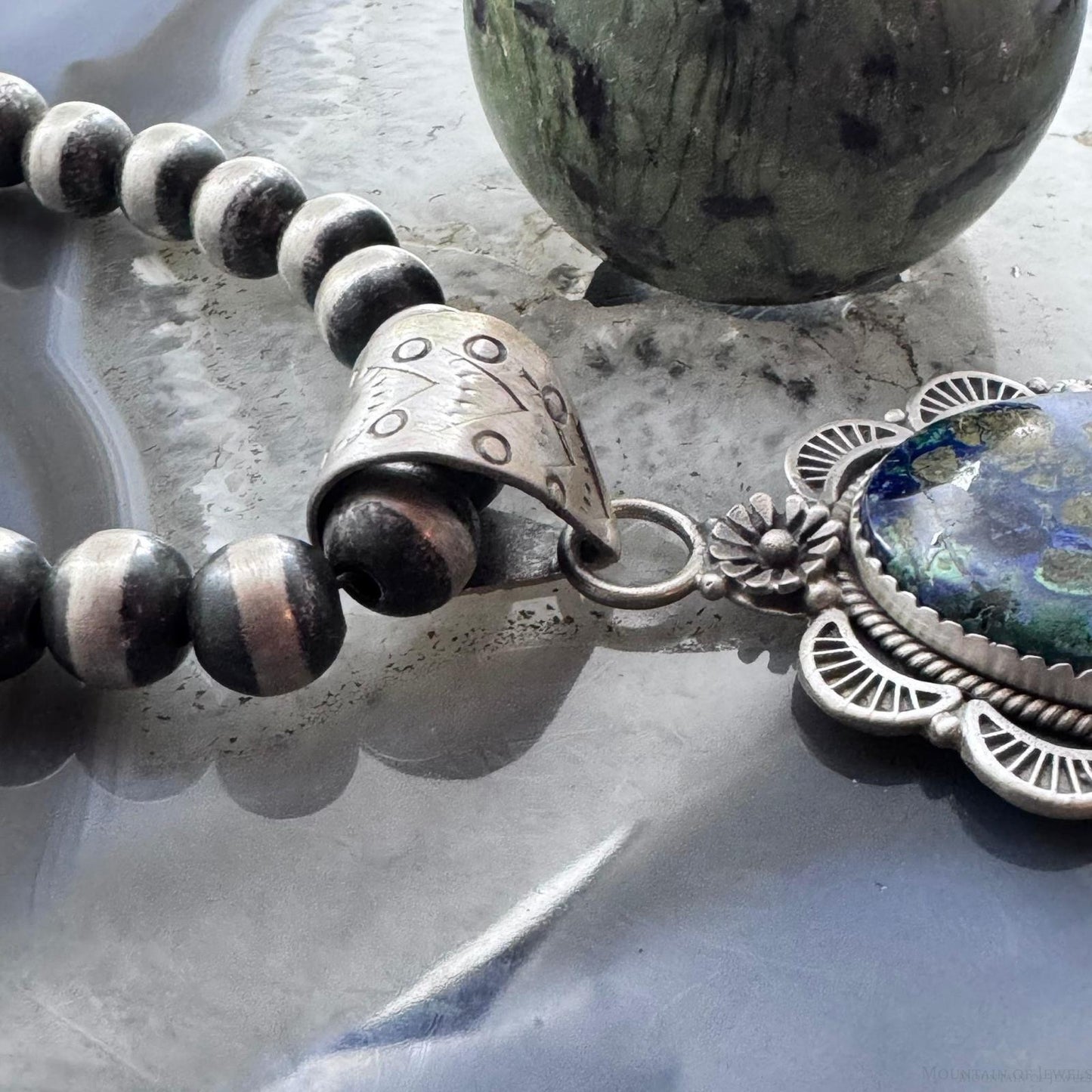 Sterling Silver Southwestern Style Elongated Oval Chrysocolla Decorated Pendant For Women