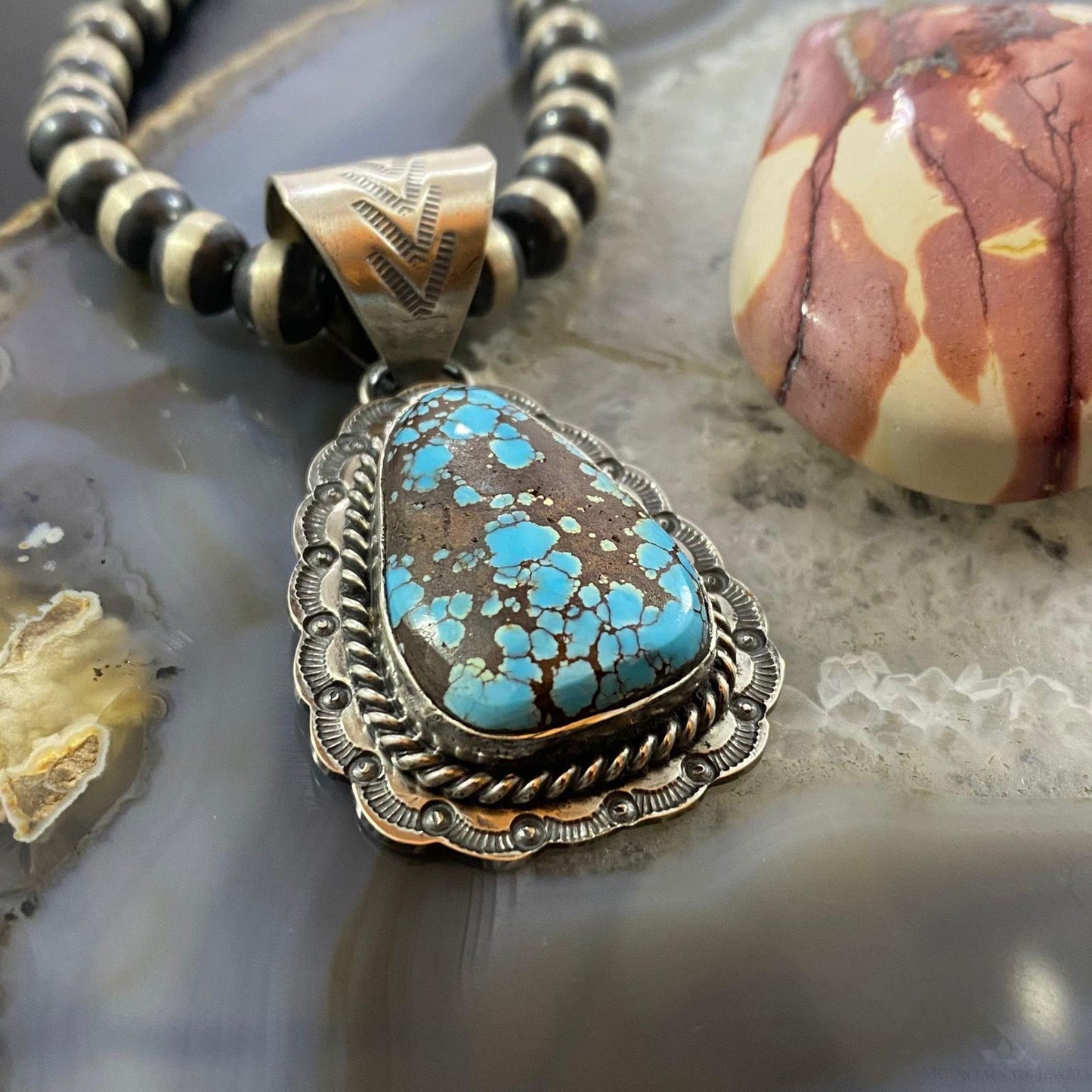 Gilbert Platero Sterling Teardrop Kingman Spiderweb Turquoise Decorated Pendant