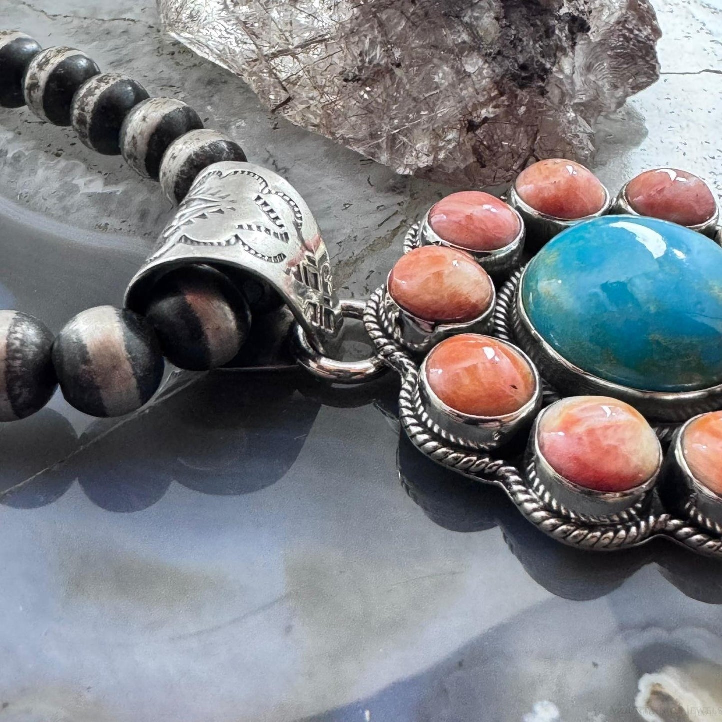 Native American Sterling Silver Turquoise & Orange Spiny Oyster Cluster Pendant For Women