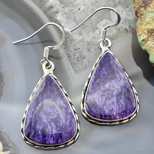 Sterling Silver Southwestern Style Teardrop Charoite Dangle Earrings For Women