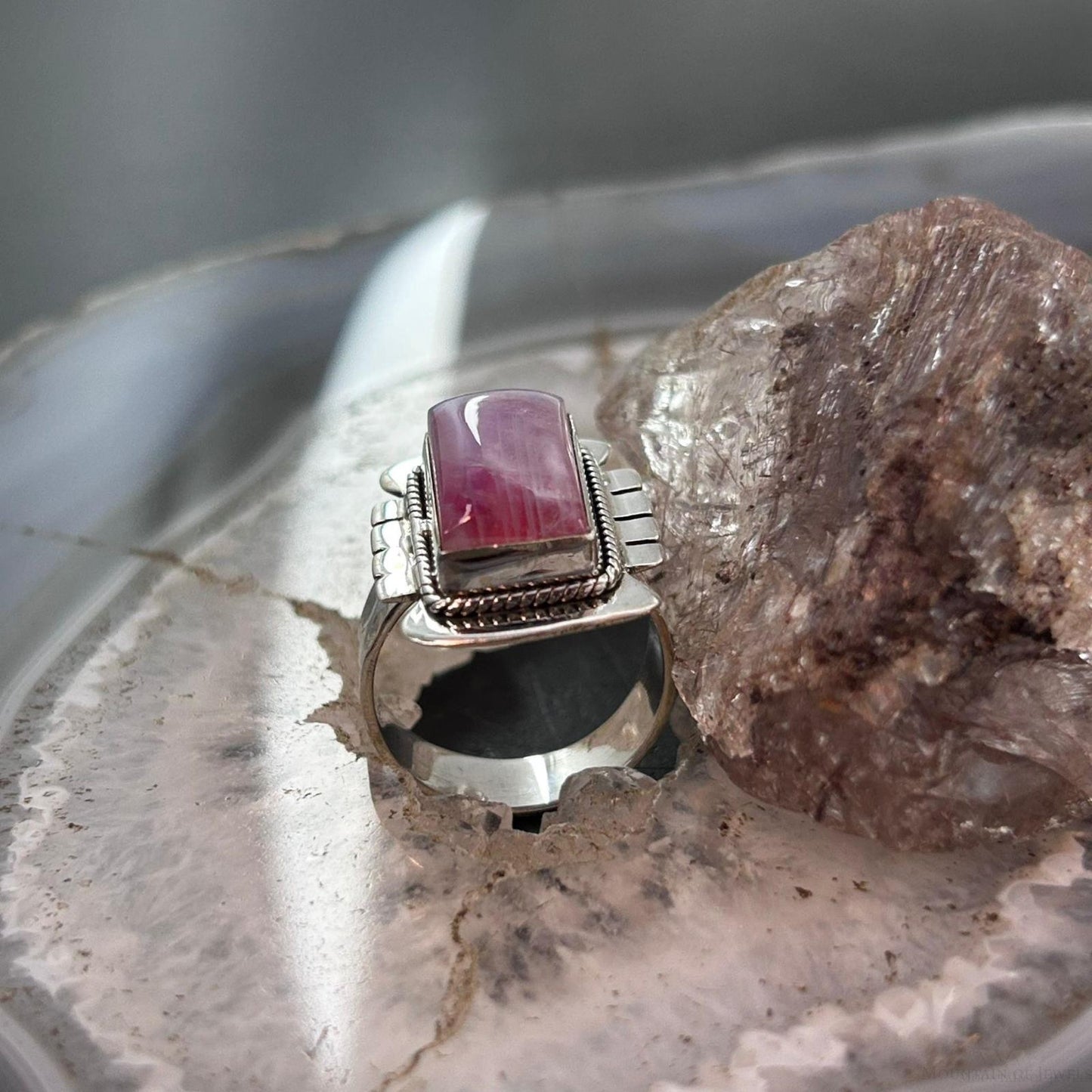 Sterling Silver Southwestern Style Pink Rainbow Decorated Bar Ring Size 7.75 For Women