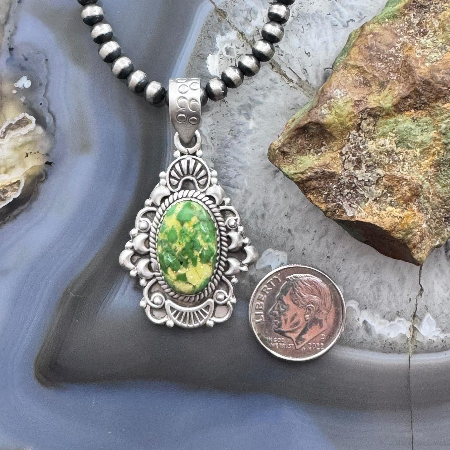 Sterling Silver Southwestern Style Oval Sonora Gold Turquoise Decorated Pendant For Women