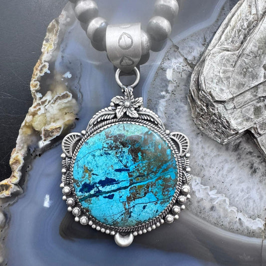 Sterling Silver Southwestern Style Large Round Chrysocolla Decorated Pendant For Women