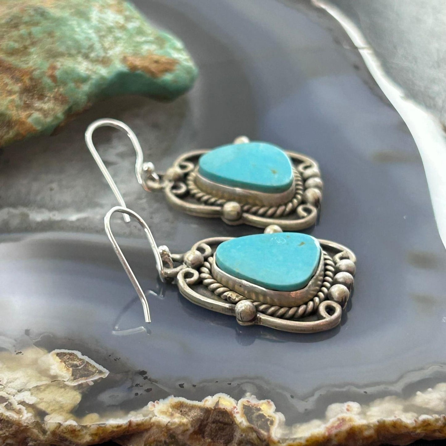 Sterling Silver Southwestern Style Turquoise Decorated Dangle Earrings For Women #3