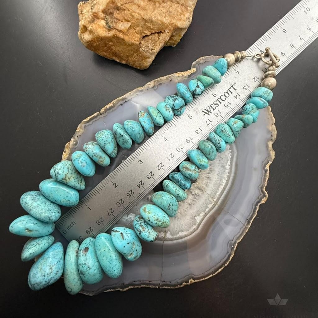 Vintage Sterling Silver Native American Natural Chunky Turquoise 16" Necklace For Women