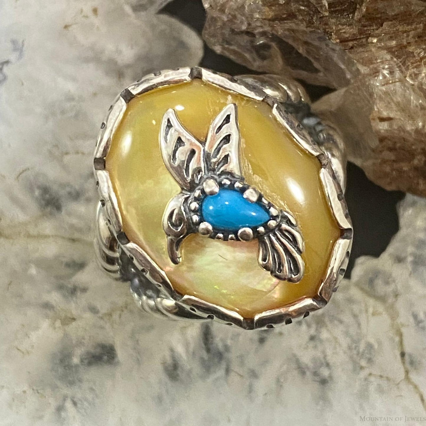 Carolyn Pollack Southwestern Style Sterling Silver Gold Mother of Pearl/Turquoise Hummingbird Ring For Women