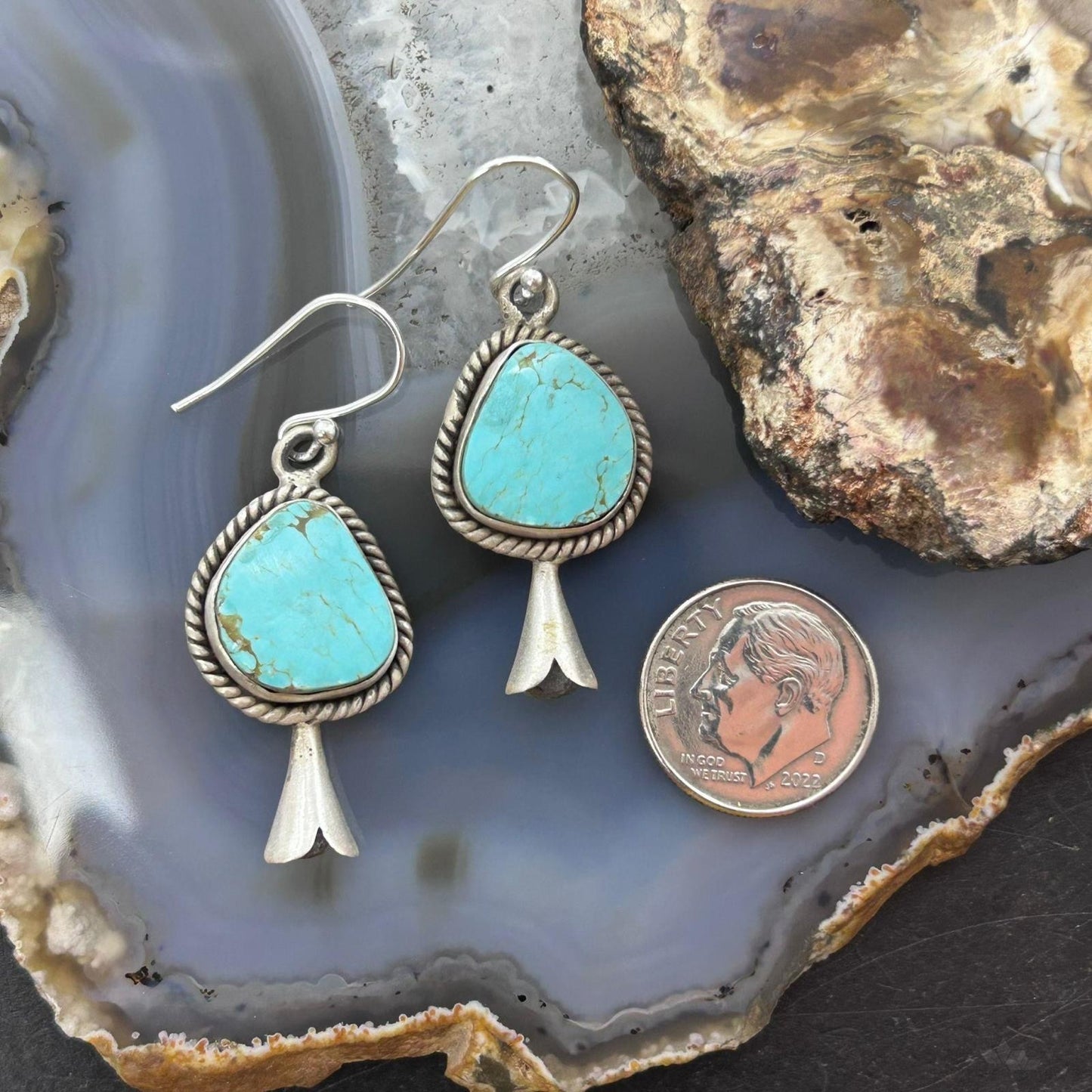Sterling Silver Southwestern Style Turquoise Squash Blossom Dangle Earrings For Women #4