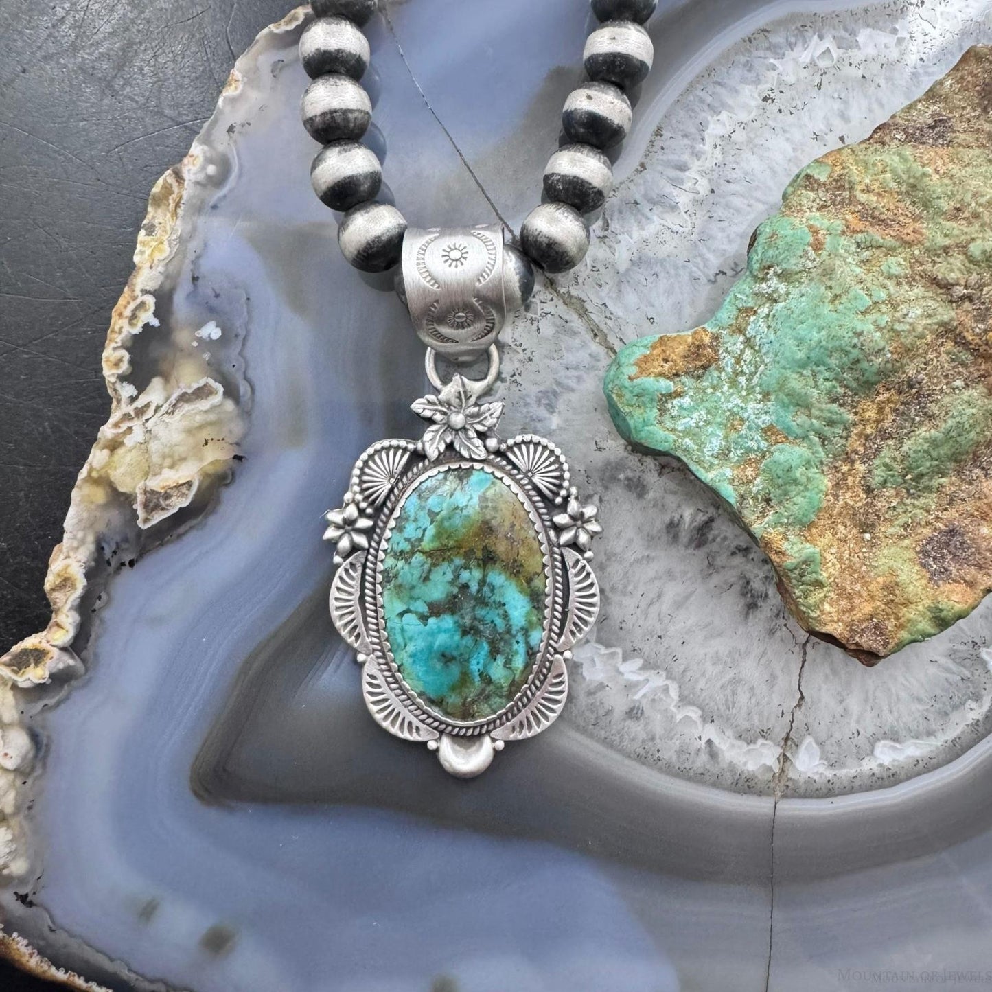 Sterling Silver Southwestern Style Oval Turquoise Decorated Pendant For Women