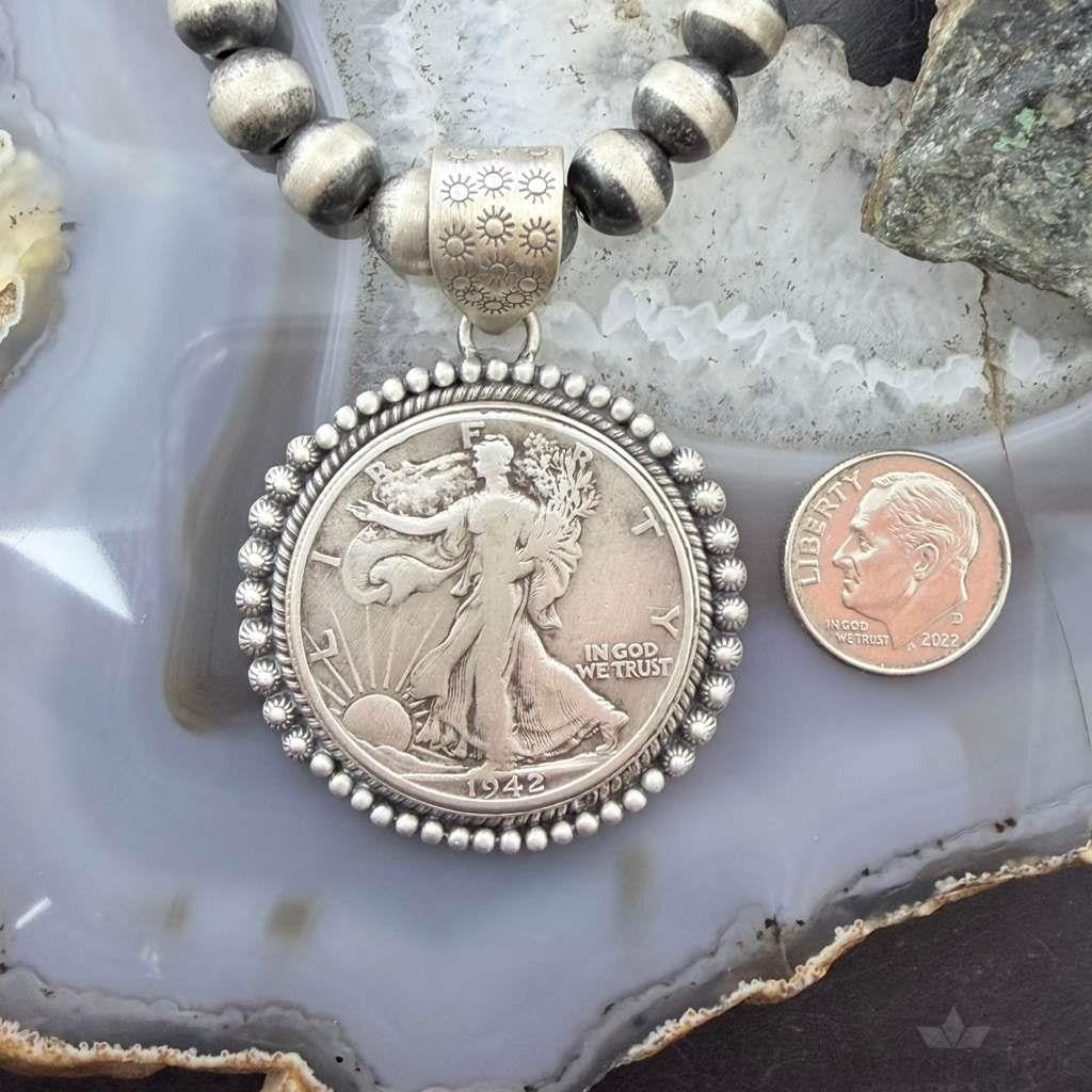 Genuine 90% Silver 1942 US Walking Liberty Half Dollar Decorated Unisex Pendant