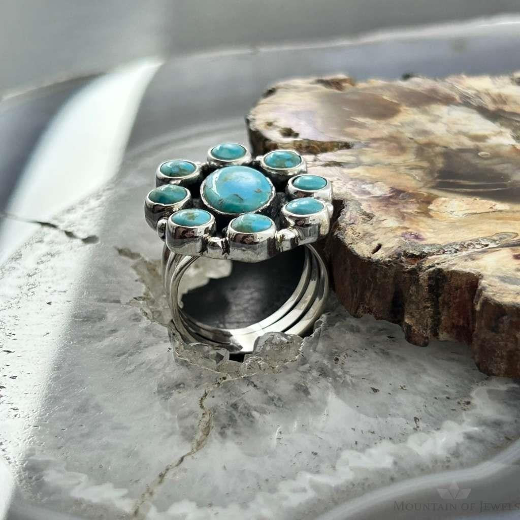 Sterling Silver Southwestern Style Mohave Turquoise Cluster Ring Size 7.5 For Women