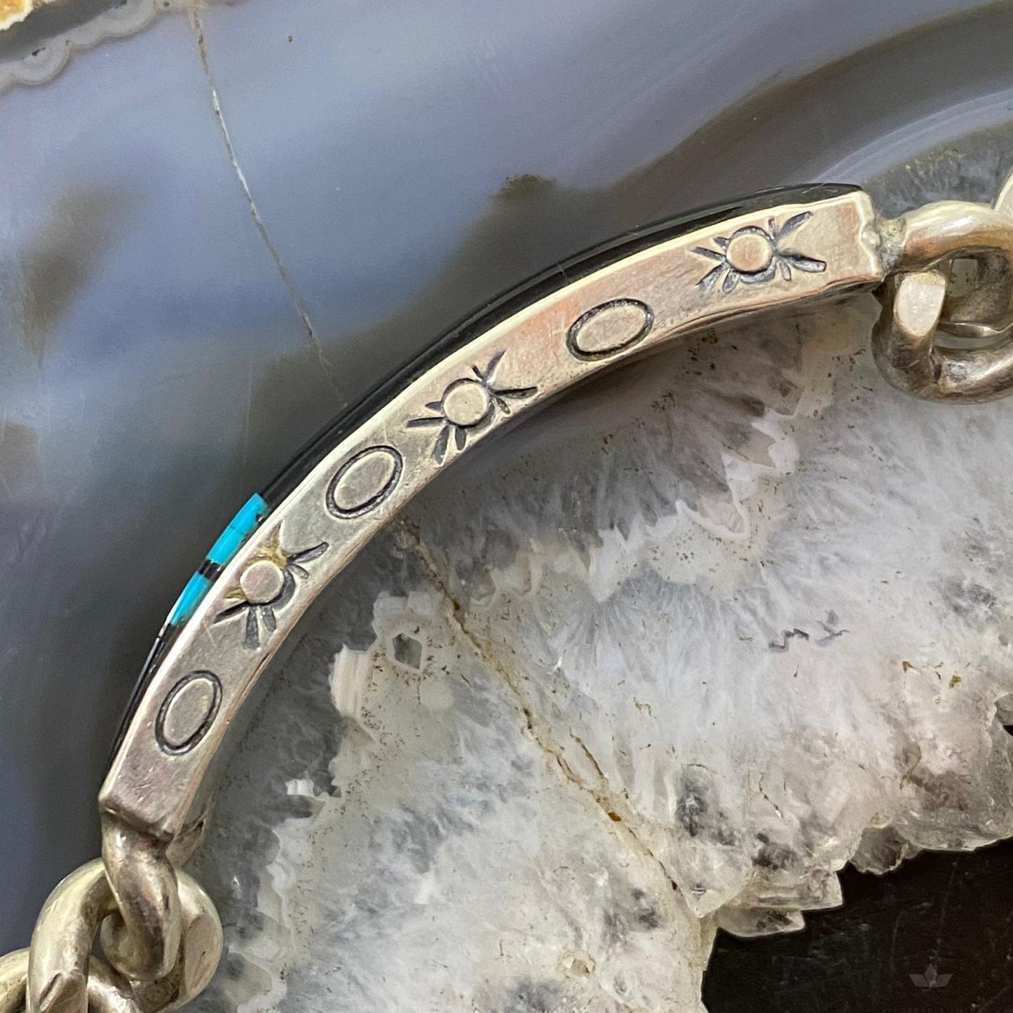 Signed Vintage Native American Silver Multi Stone Inlay Tennis Bracelet For Men