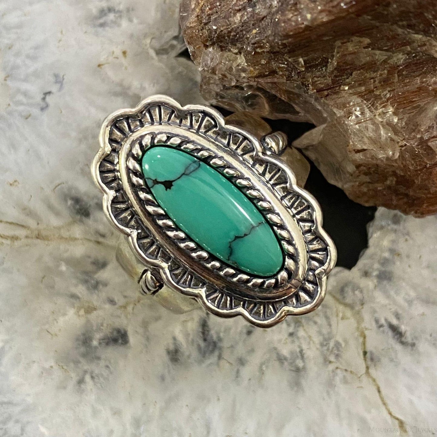 Carolyn Pollack Southwestern Style Sterling Silver Elongated Oval Turquoise Decorated Ring For Women