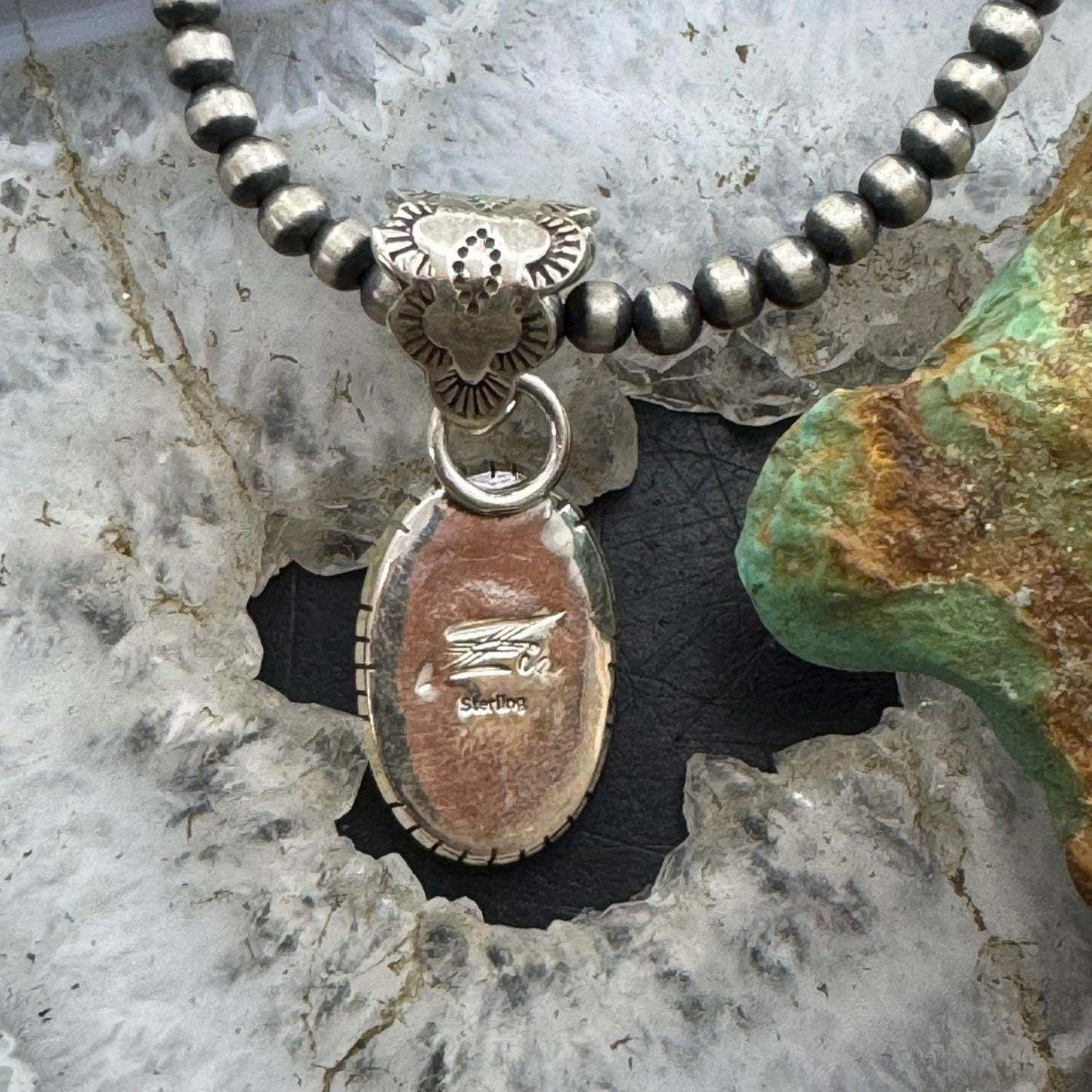 Native American Sterling Silver Oval Pink Conch Decorated Bail Pendant For Women