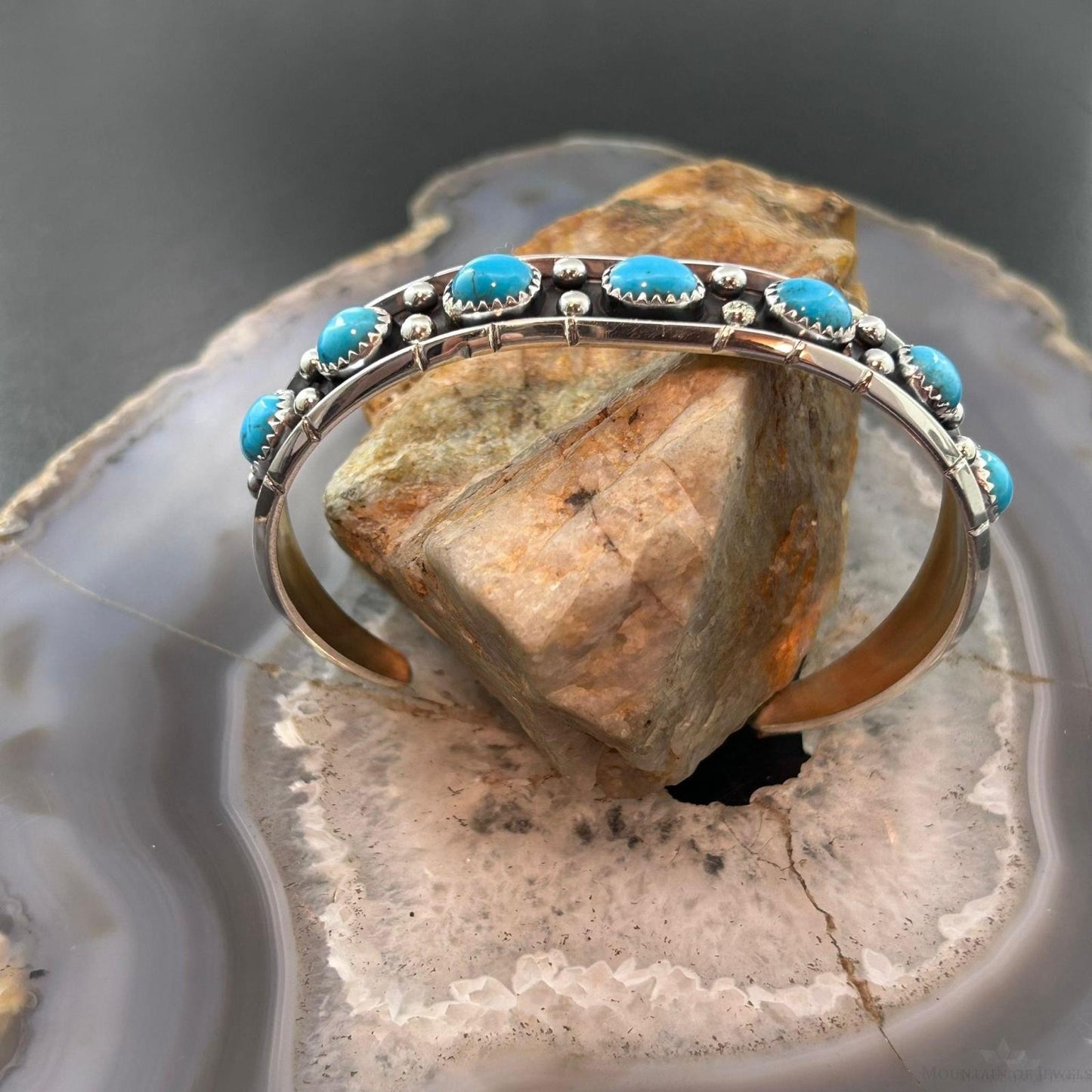 Reed Charley Native Americn Sterling Silver Turquoise Decorated Row Bracelet For Women