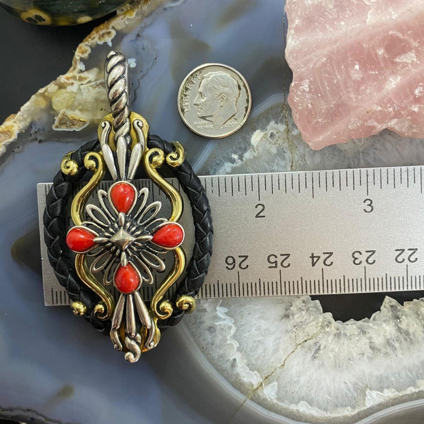 Carolyn Pollack Southwestern Style Sterling Silver/Brass/Leather Multi-gemstone Decorated Pendant For Women