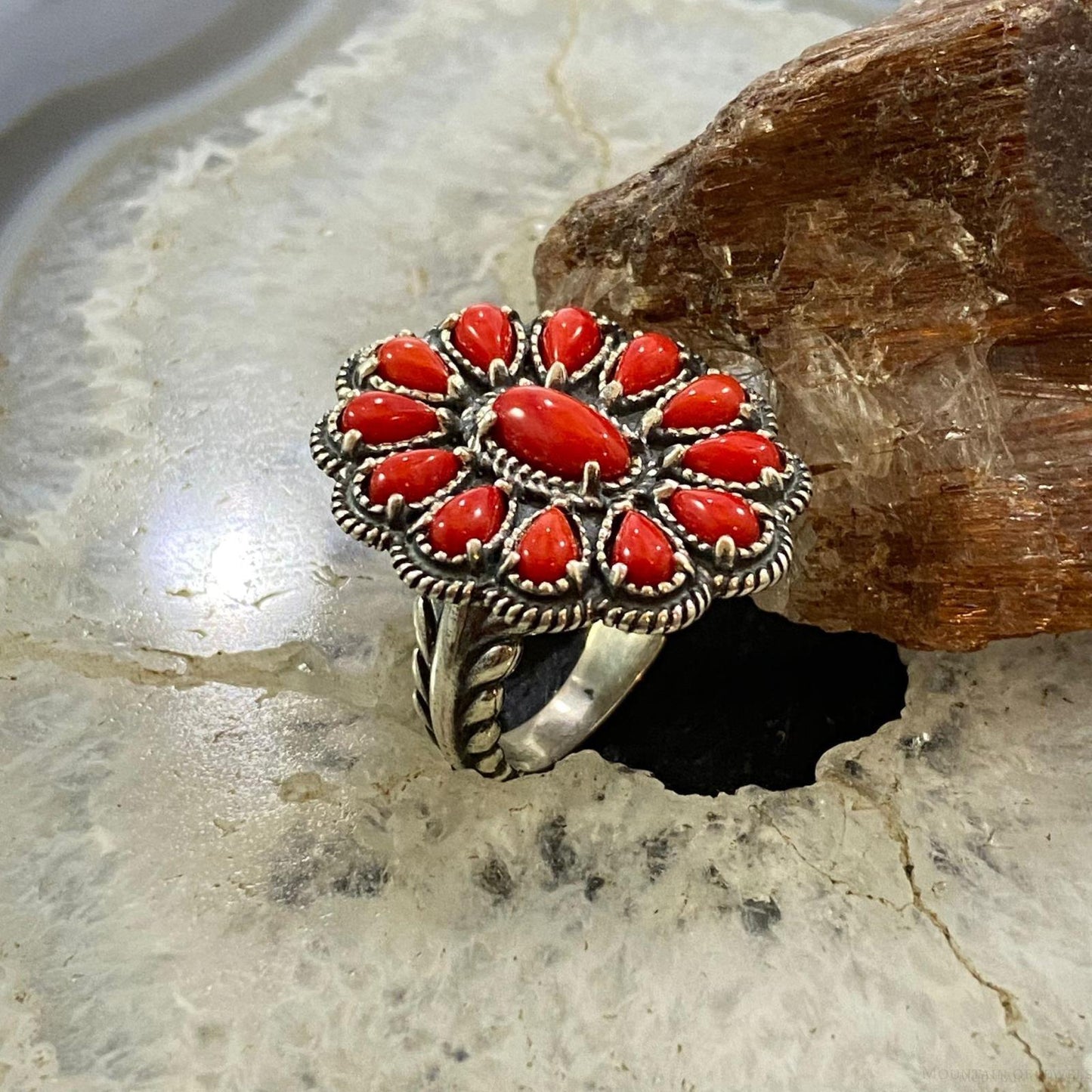 Carolyn Pollack Southwestern Style Sterling Silver Red Coral Decorated Flower Cluster Ring For Women