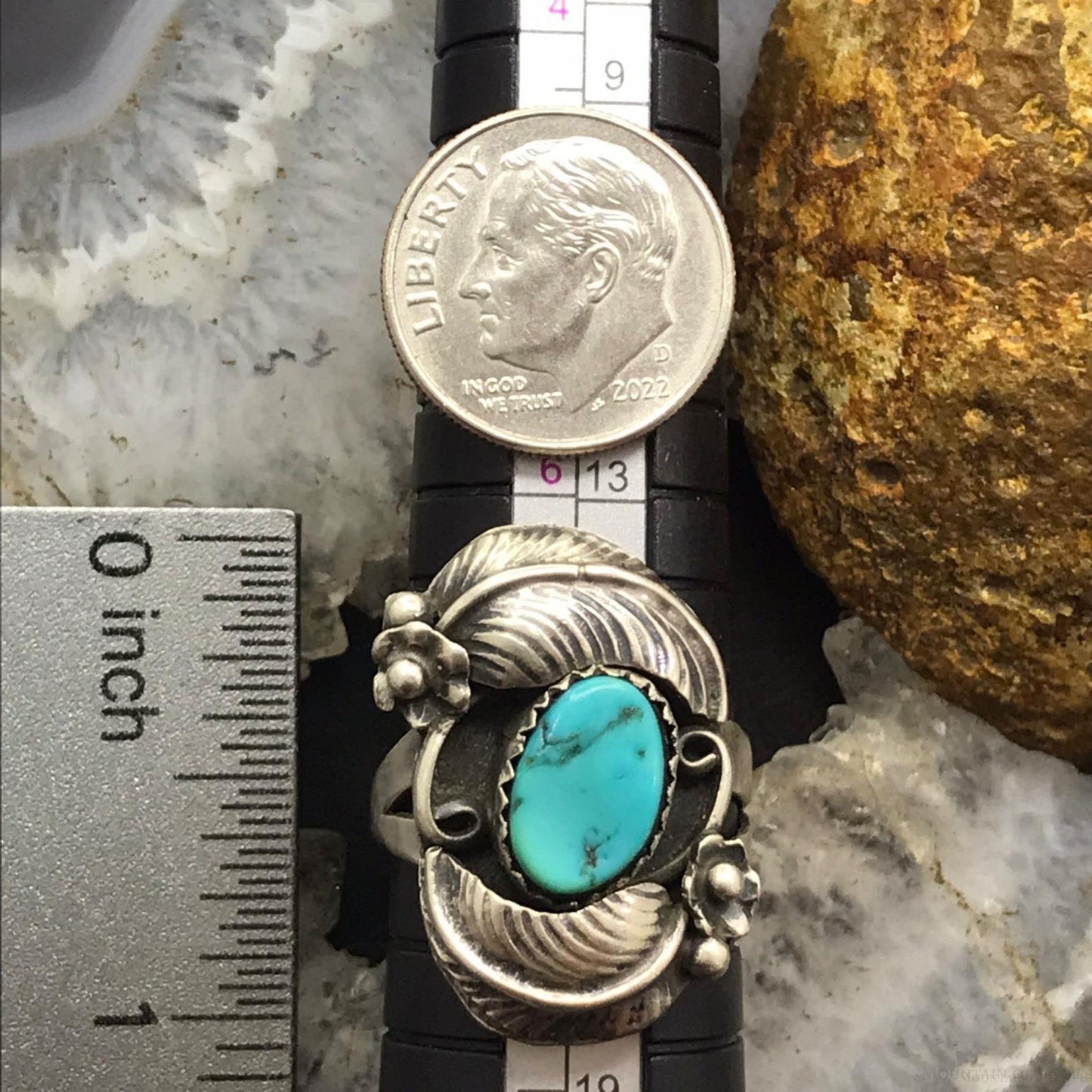Vintage Signed Native American Silver Turquoise Floral Ring Size 7.5 For Women