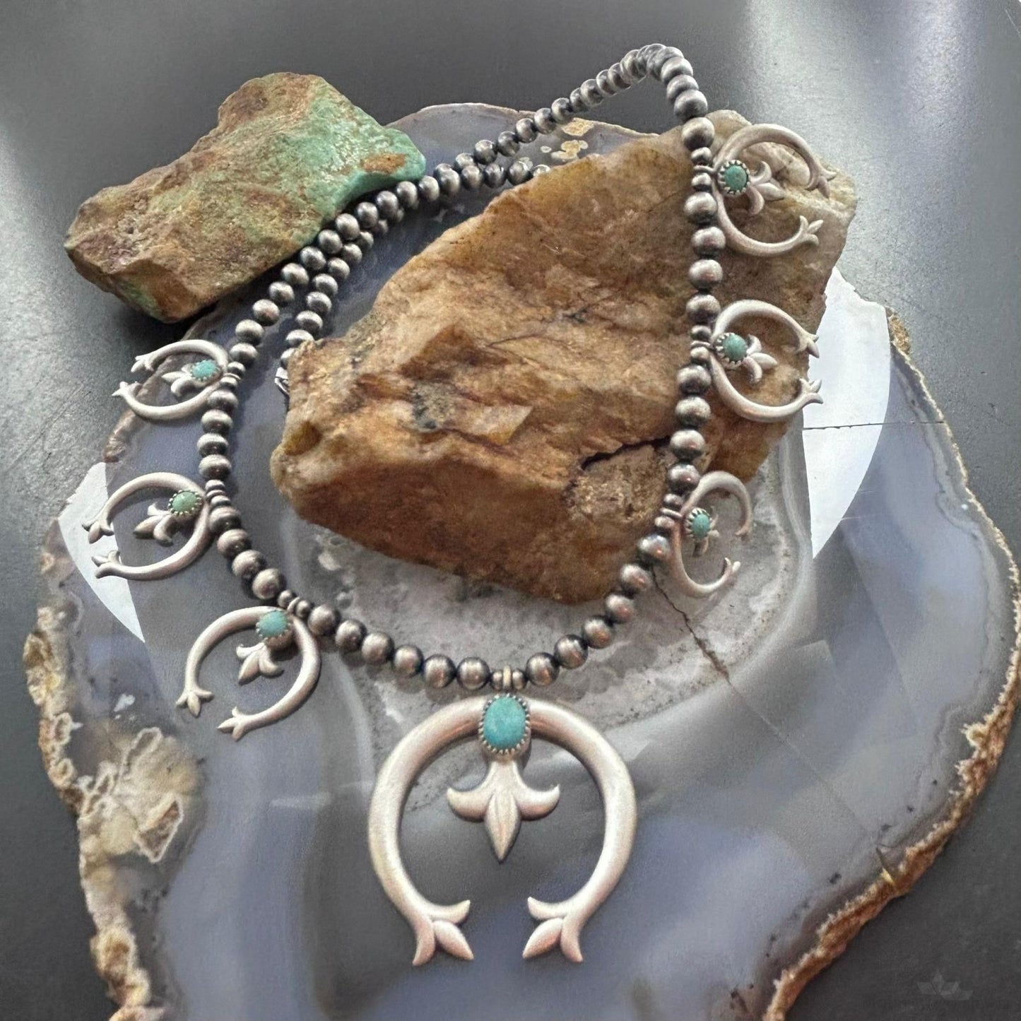 Sterling Silver Southwestern Style 6 Small Naja & Large Naja Squash Blossom Necklace For Women
