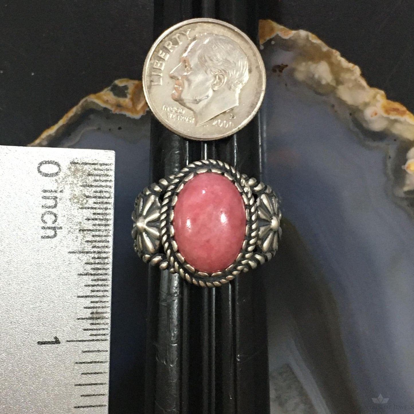 Carolyn Pollack Vintage Southwestern Style Sterling Silver Oval Rhodonite Decorated Ring For Women