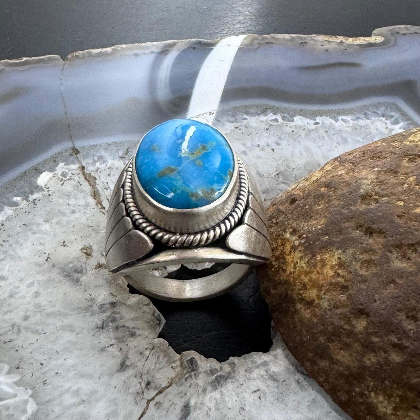 Native American Sterling Silver Oval Blue Ridge Turquoise Shield Ring Size 11 For Men