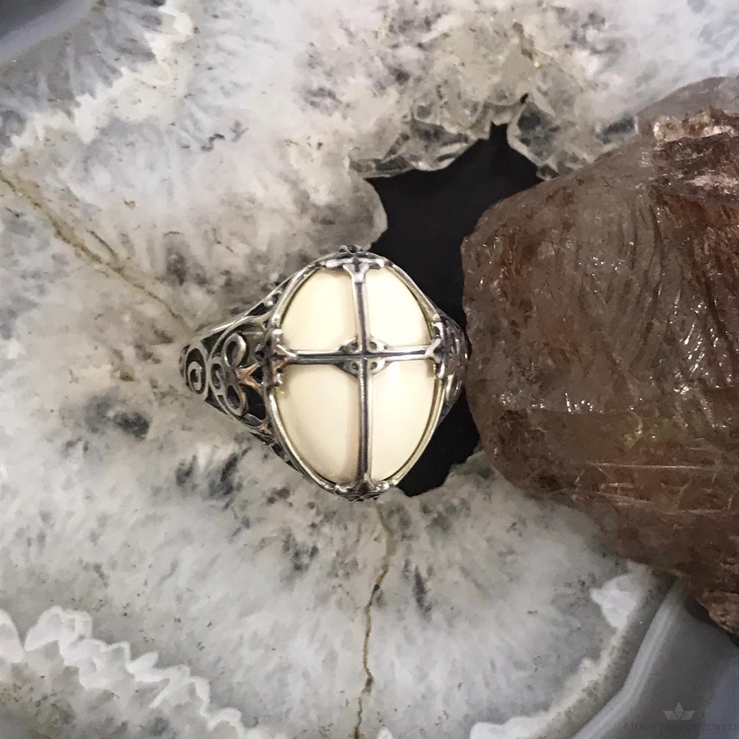 Carolyn Pollack Sterling Silver Oval White Jasper Decorated Cross Ring For Women