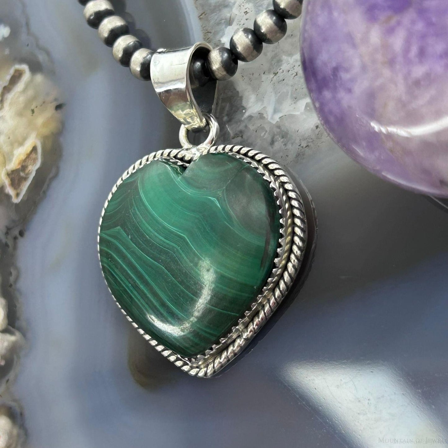 Sterling Silver Southwestern Style Malachite Heart Pendant For Women #1