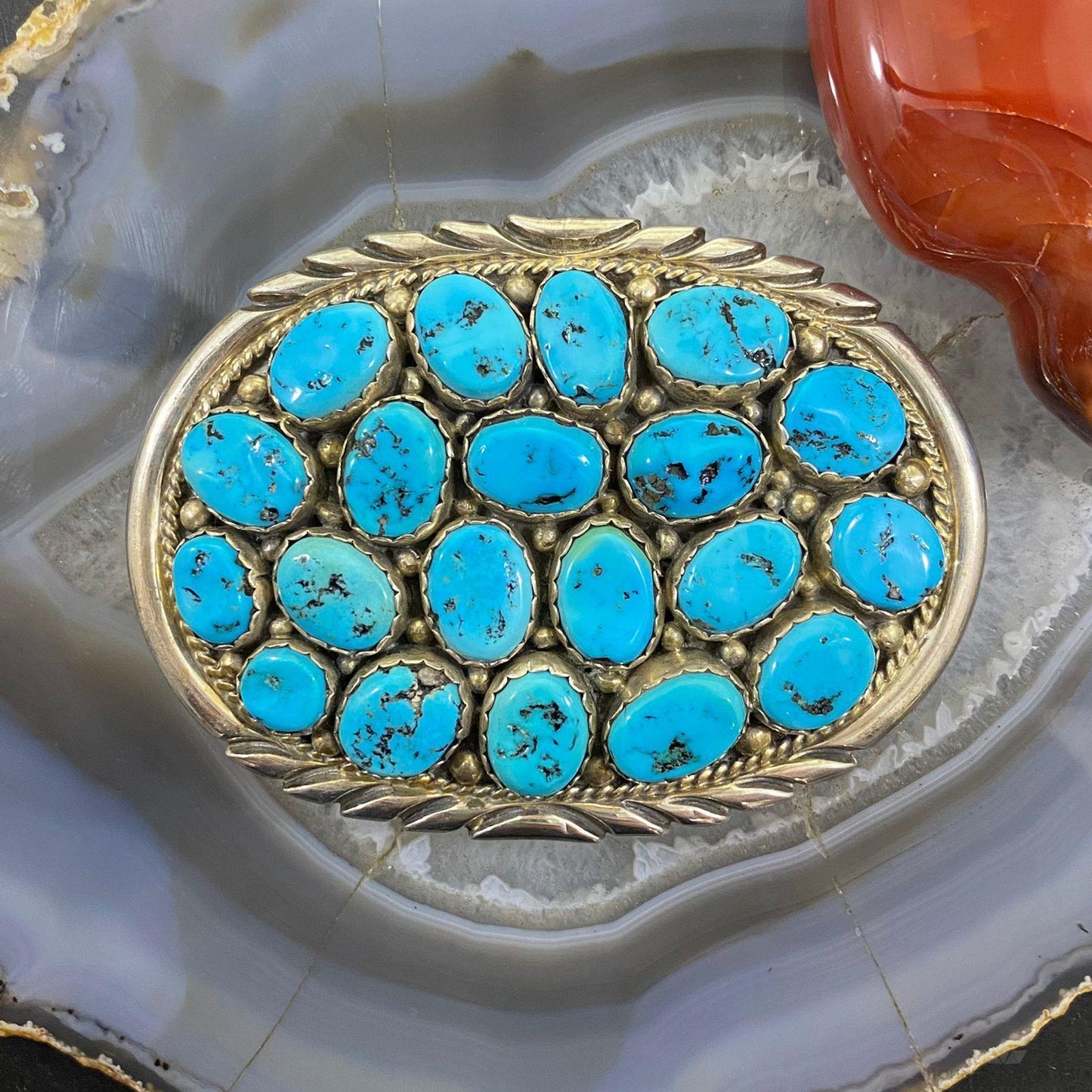 Vintage Heavy Native American Silver Oval Rough Turquoise Belt Buckle For Men