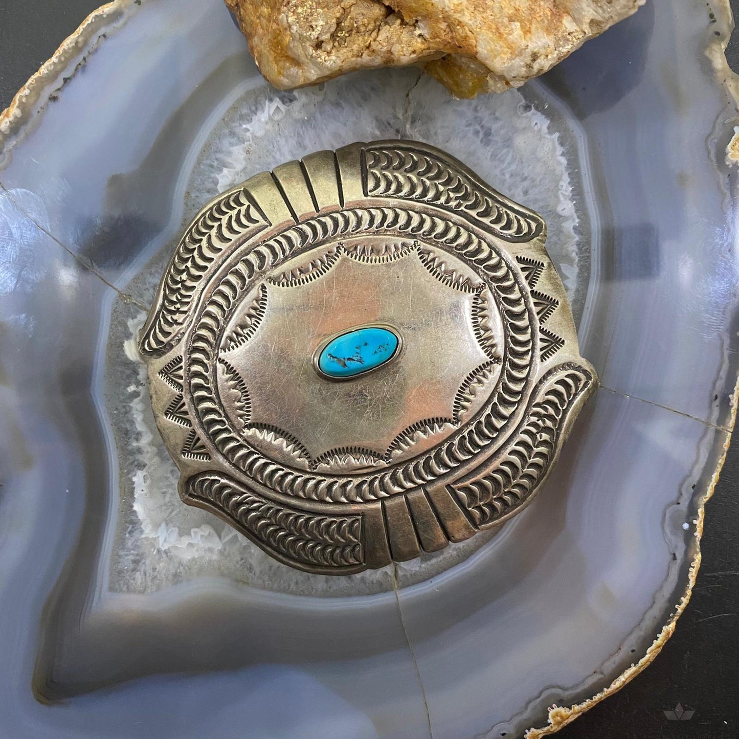 Vintage Native American Sterling Silver Heavy Stamped W/Turquoise Belt Buckle