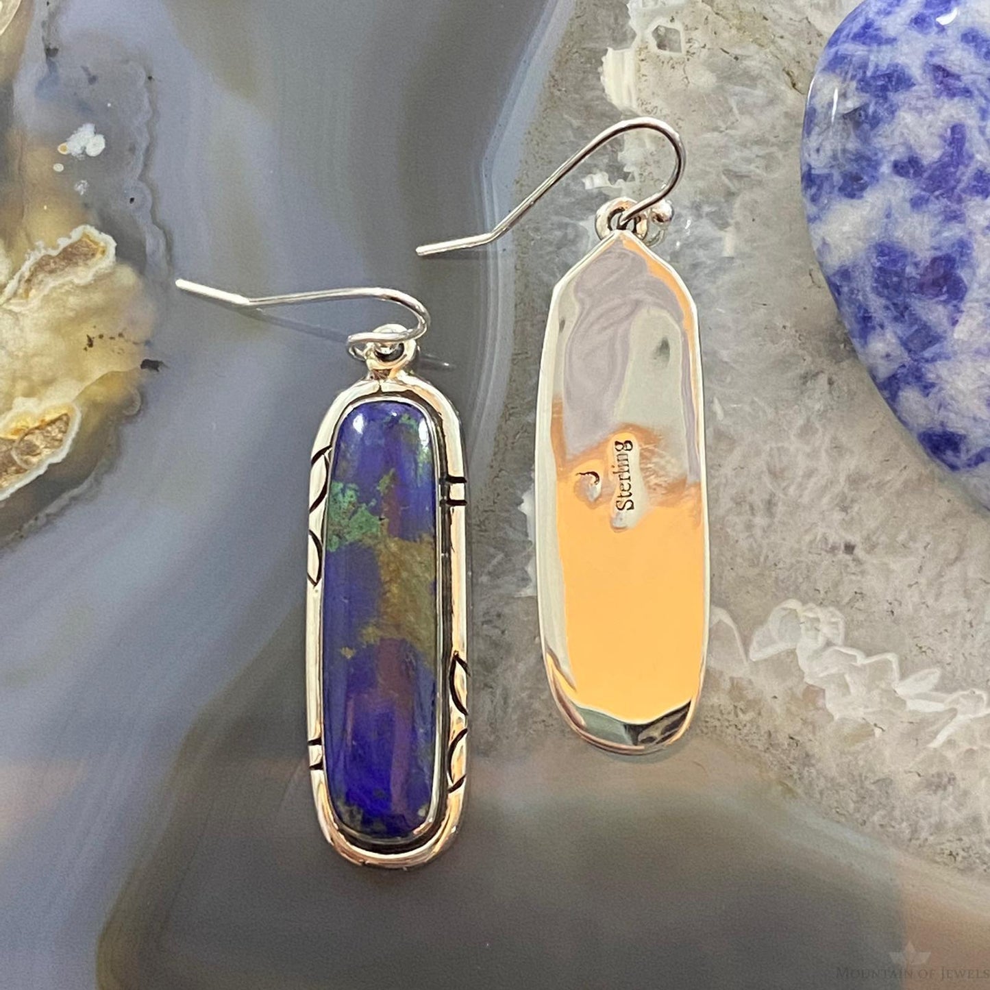 Native American Sterling Silver Oval Azurite Malachite Dangle Earrings For Women