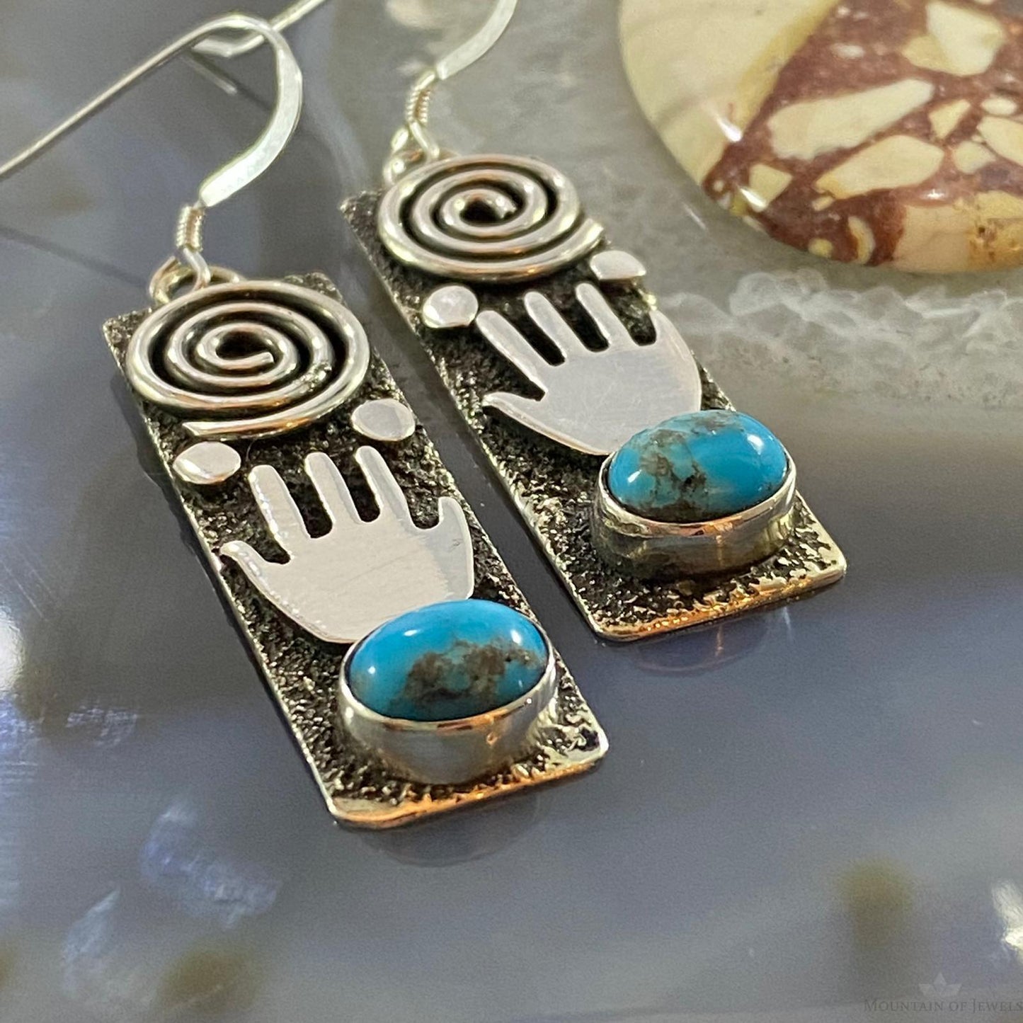 Alex Sanchez Native American Sterling Turquoise Petroglyph Dangle Earrings #3
