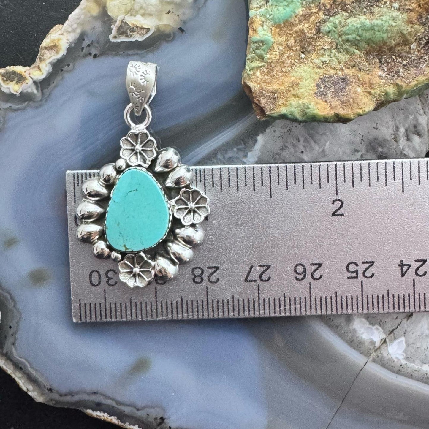 Sterling Silver Southwestern Style Teardrop Turquoise Decorated Pendant For Women